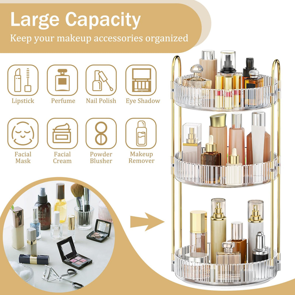 Mokani 360 Rotating Makeup Organizer, 3 Tiers Perfume Organizer, Large Capacity Cosmetic Skincare Storage, Multi-Function Perfume Stand for Vanity, Bathroom and Bedroom, Clear