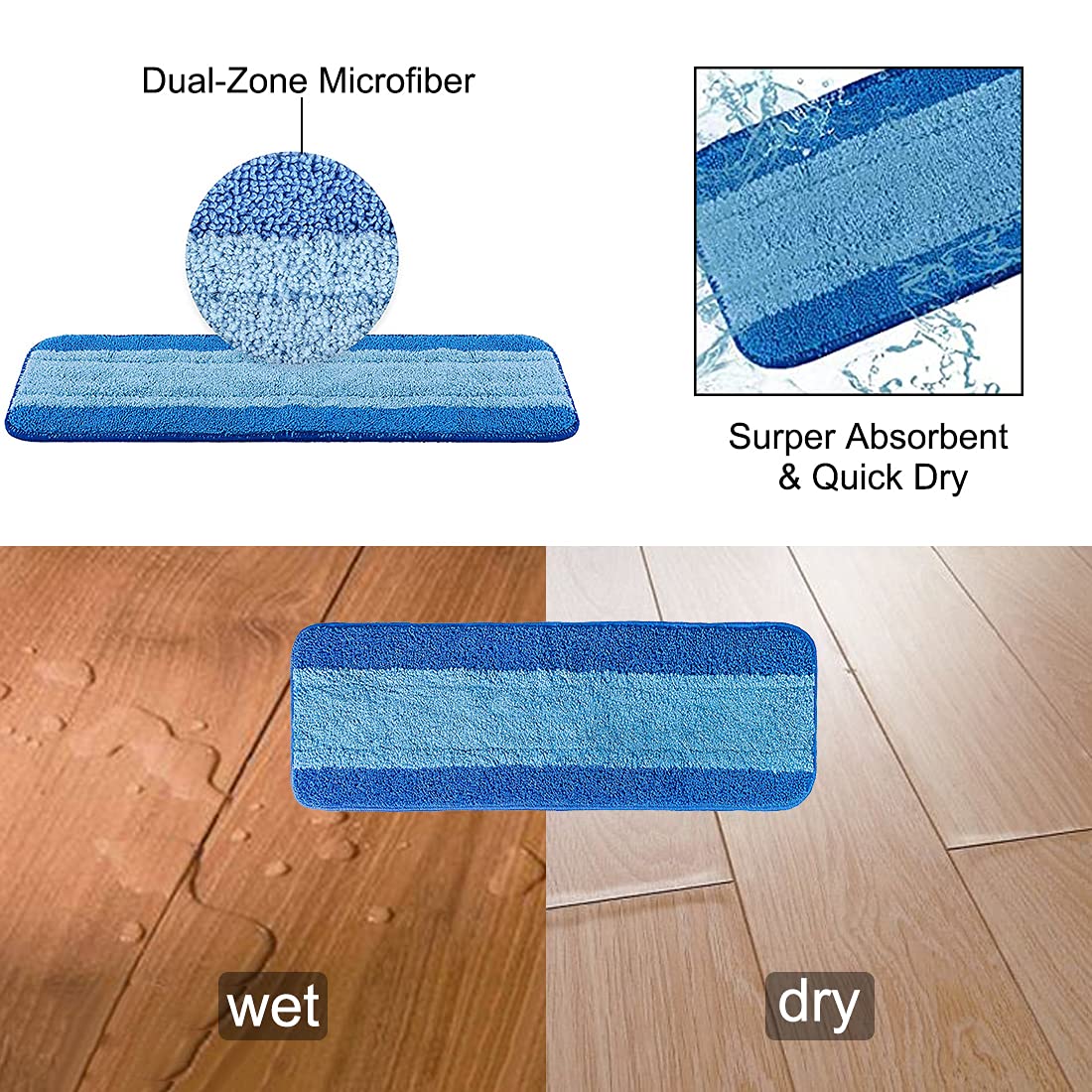 4 Pack Microfiber Mop Pads, Mop Pad Replacement for Bona Spray Mop, Washable & Reusable Mop Pads, Blue