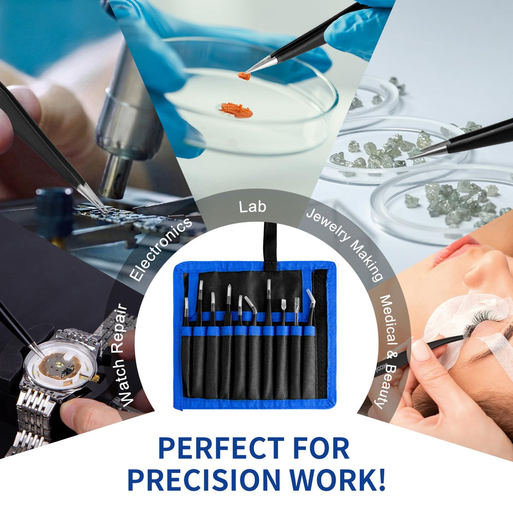 XOOL 10 PCS ESD Precision Tweezers Set, Anti-Static Stainless Steel Tweezers Kit for Electronics, Soldering, Craft, Jewelry, Model Building, Beauty
