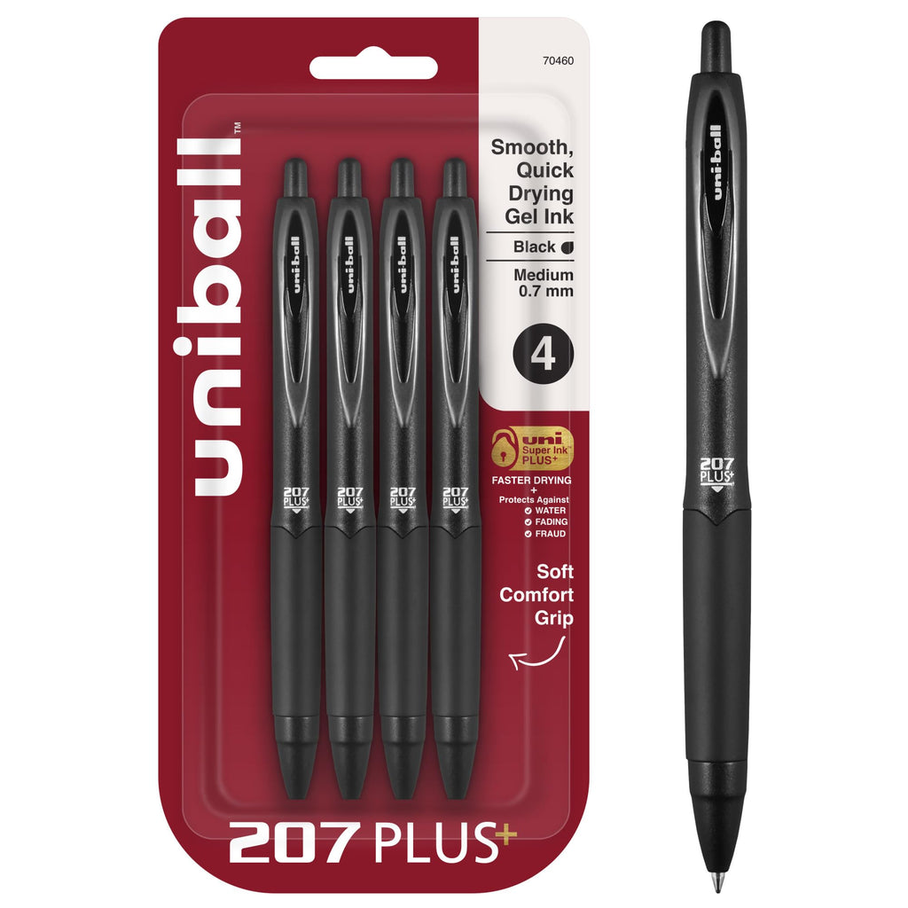 uniball 207 Plus+ Retractable Gel Pens, Medium Point, 0.7mm, Black Ink, 4/Pack (70460)