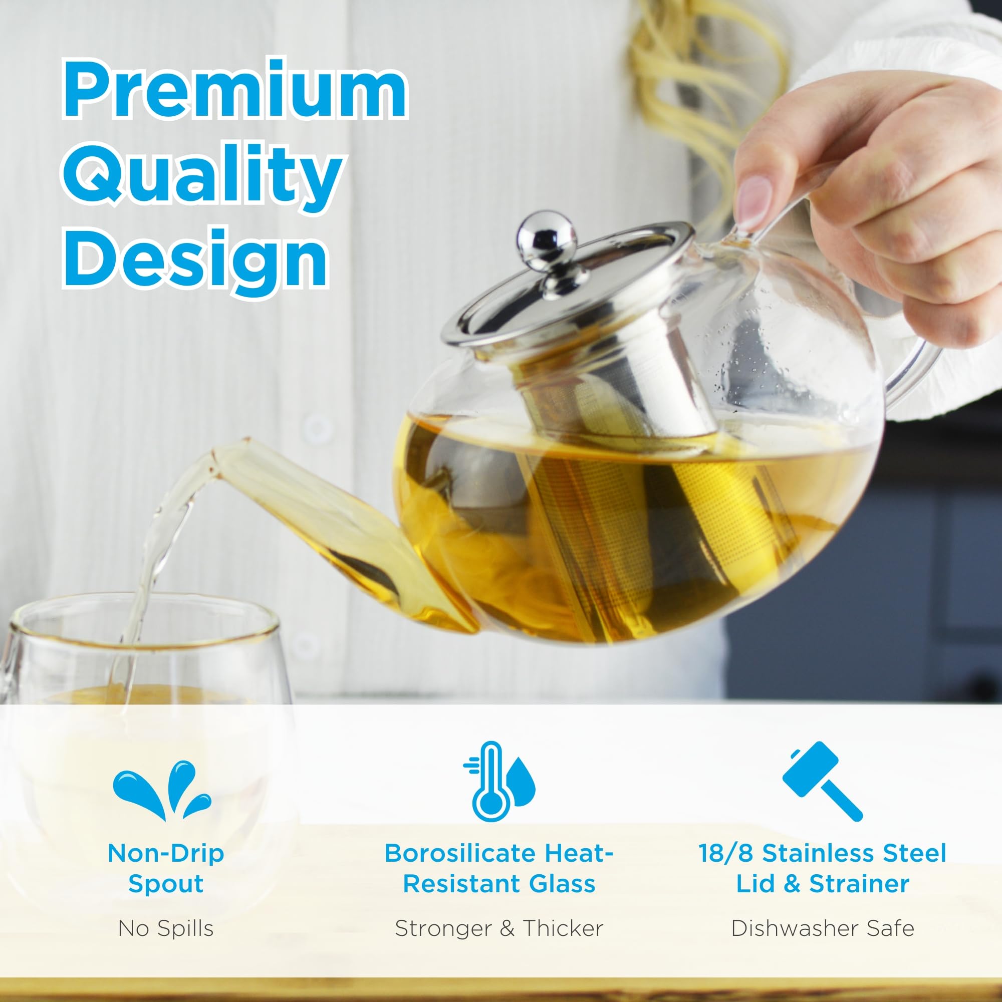 GROSCHE - Joliette Borosilicate Glass Teapot with Stainless Steel Infuser - 4 Cup Glass Teapot with Removable Strainer for Loose Leaf & Herbal Tea, Dishwasher Safe, Canadian Brand! 1250ml 42 fl. oz