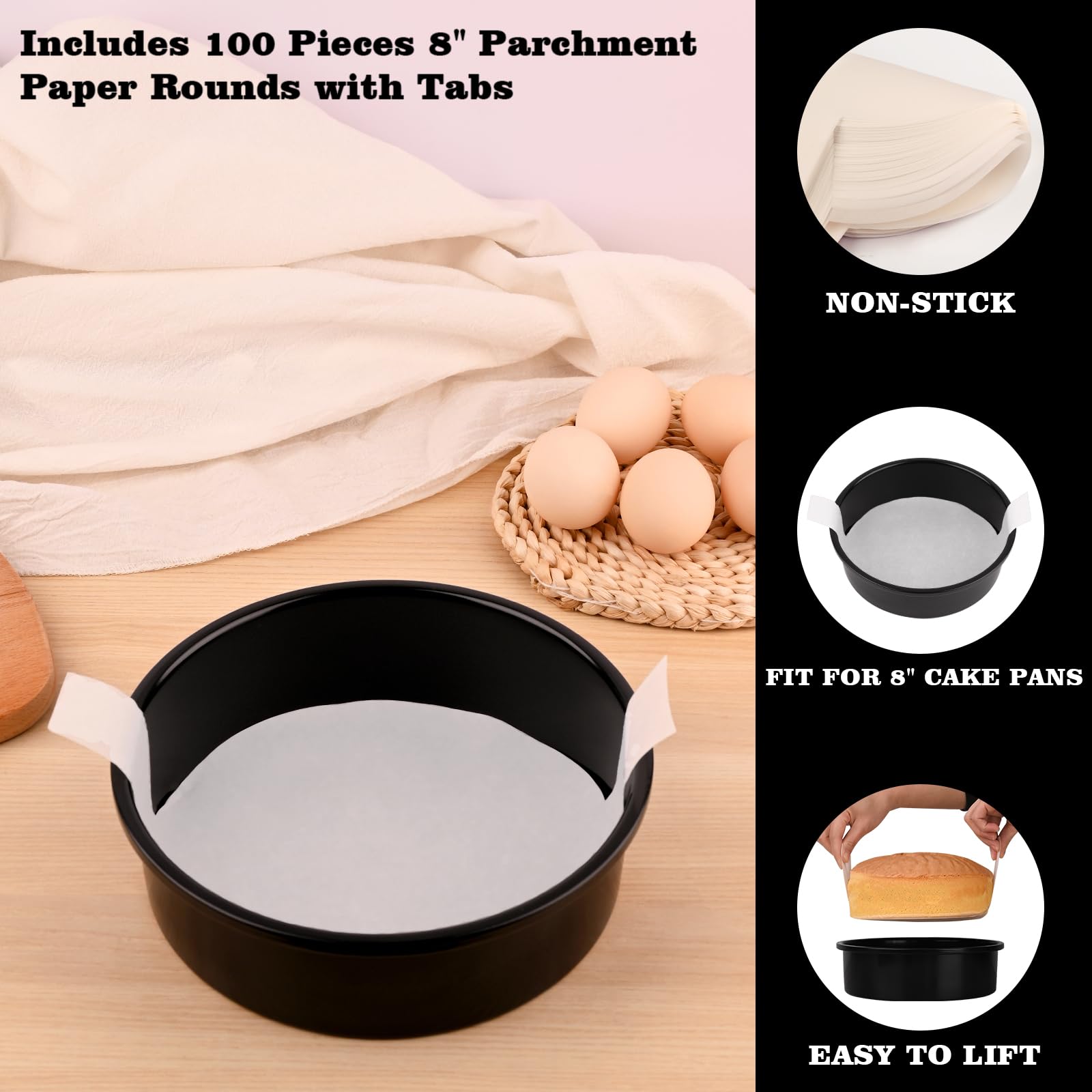 HUAKENER 8 Inch Cake Pan - Set of 3 Round Cake Pans with 100 Pieces Parchment Paper, Non-Stick Cake Baking Pans, Dishwasher Safe