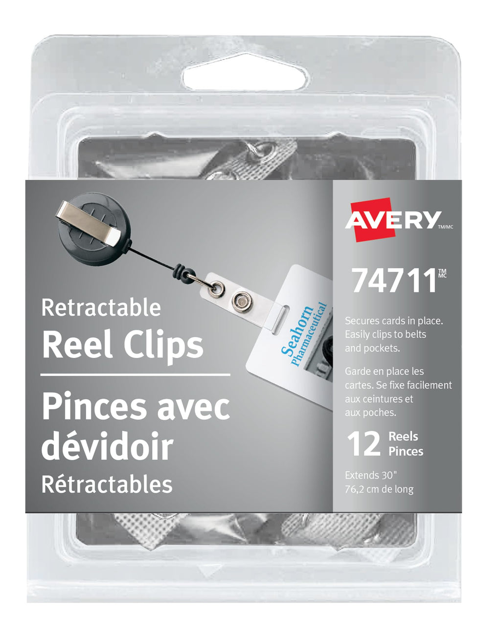 Avery Retractable Reel Clip, 30", Charcoal, 12 Pack (74711)