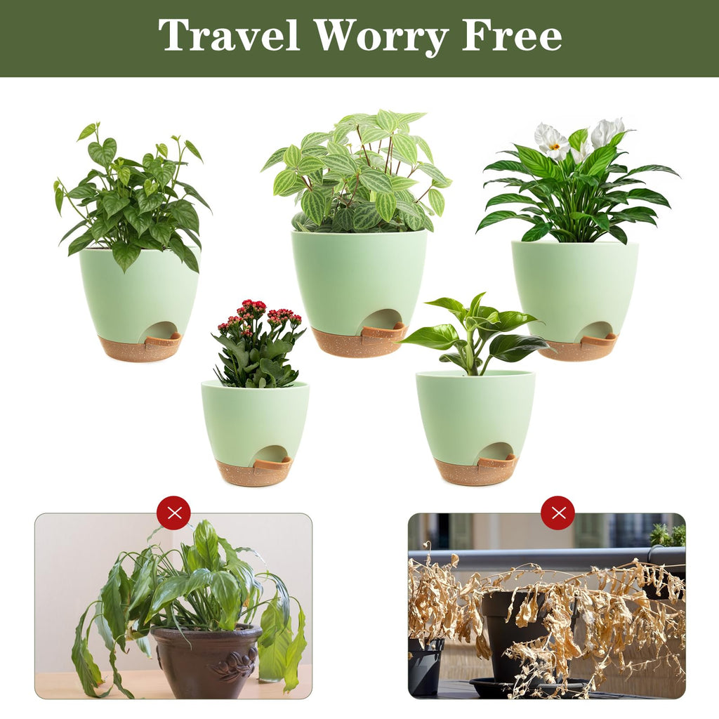 XXXFLOWER 5 Pack Self Watering Planters Plastic Plant Pots with Drainage Holes and Saucer Planting Pots Set for for Indoor Outdoor Plants-Green