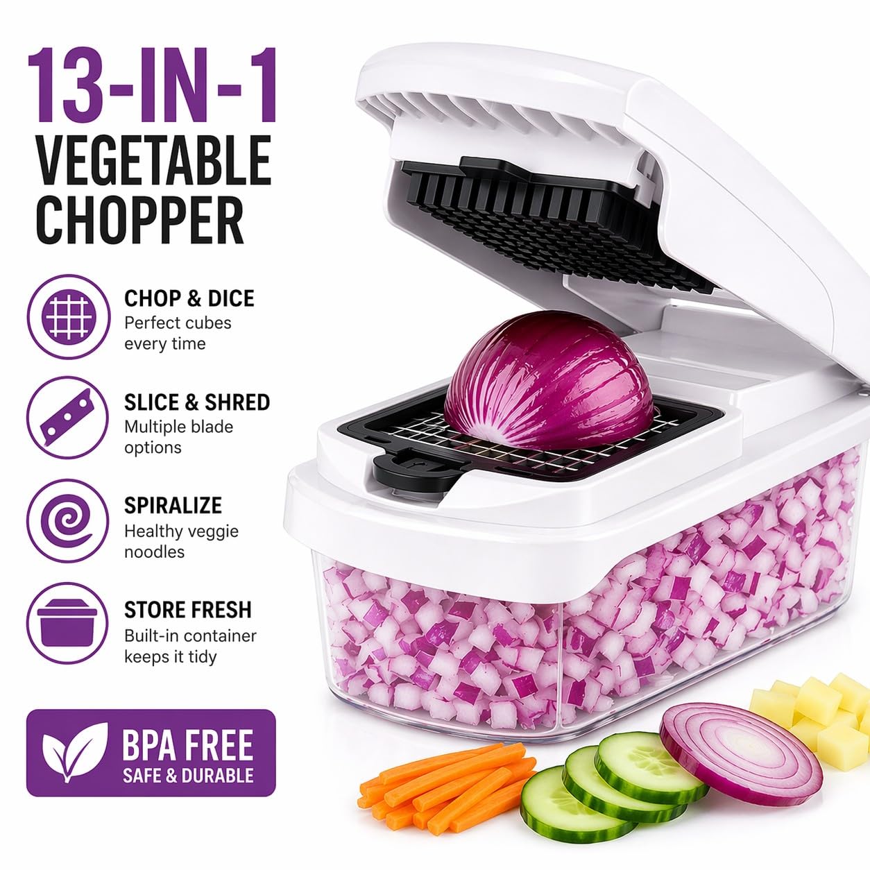Chkout Vegetable Chopper with Container, 13-in-1 Mandoline Slicer Dicer & Spiralizer, Onion Veggie Chopper, Potato Fry Cutter, Manual Food Chopper, Kitchen Tools Gadgets, Stainless Steel Blades