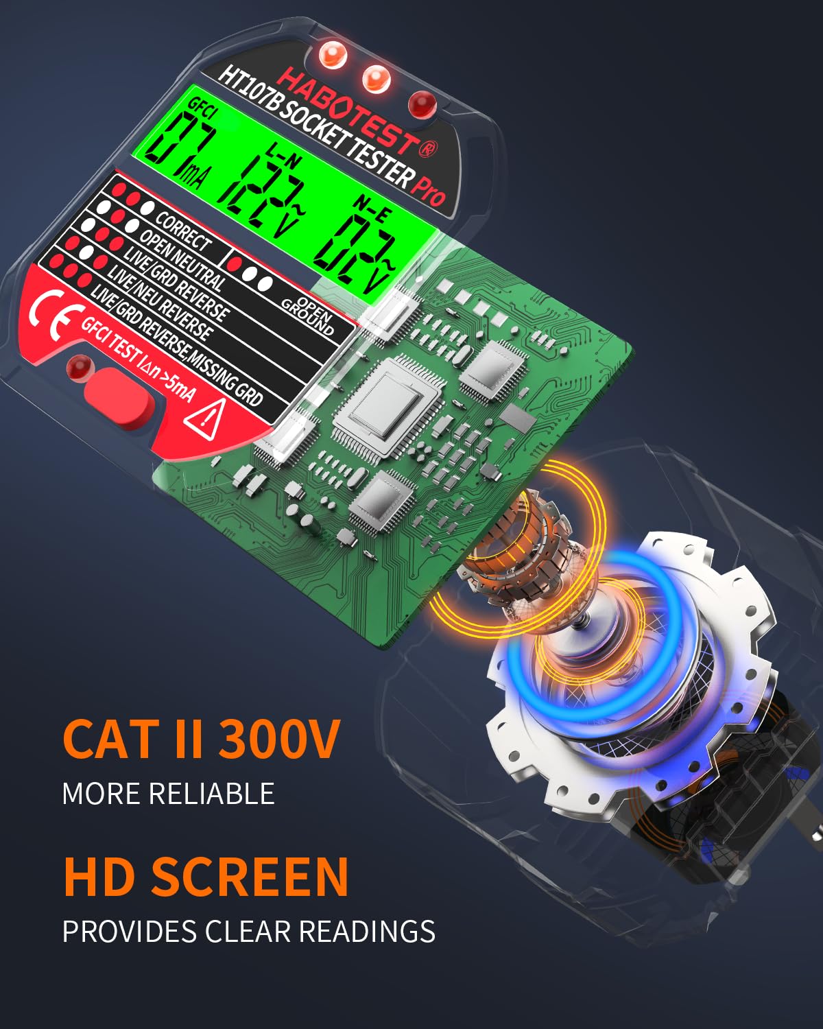 Outlet Tester Electrical GFCI Receptacle Detector with LCD Display, 90-250V Socket Tester, Circuit Polarity Voltage Detector, Plug Tester Breaker Finder with 6 Visual Indication CAT II 300V (CA Plug)