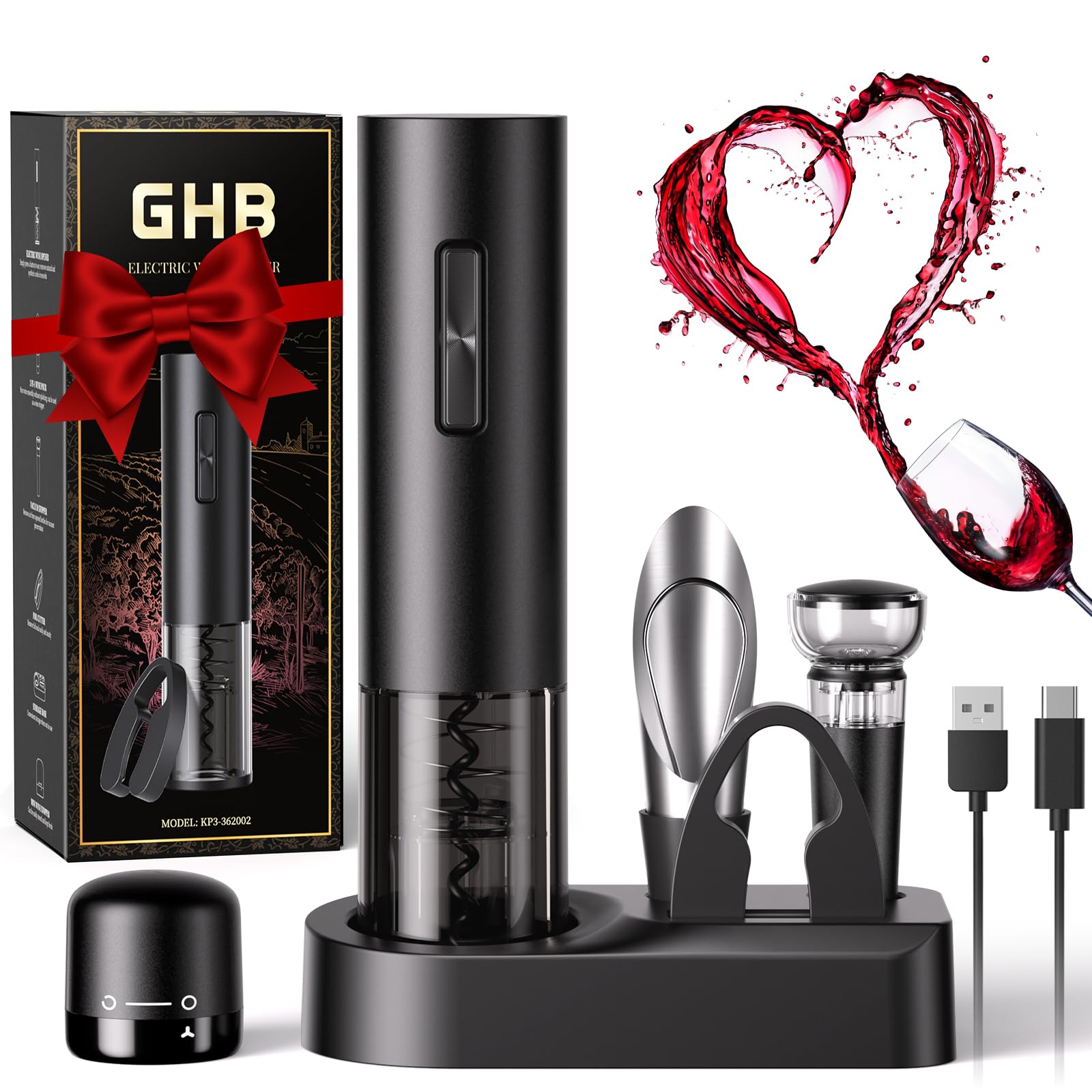 GHB Wine Opener Electric Wine Bottle Opener Rechargeable Cordless, Automatic Corkscrew Wine Opener for Home Kitchen Party Bar Gifts for Men