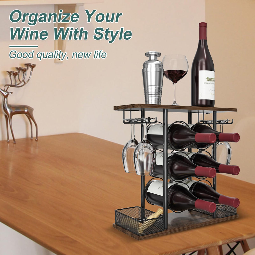 VyGrow Wine Rack, Sturdy Wine Rack, 3 Animals Wooden and Metal Easy to Assemble for 6 Bottles and 4 Glasses for Home, 6.29" D x 16.14" W x 15.82" H