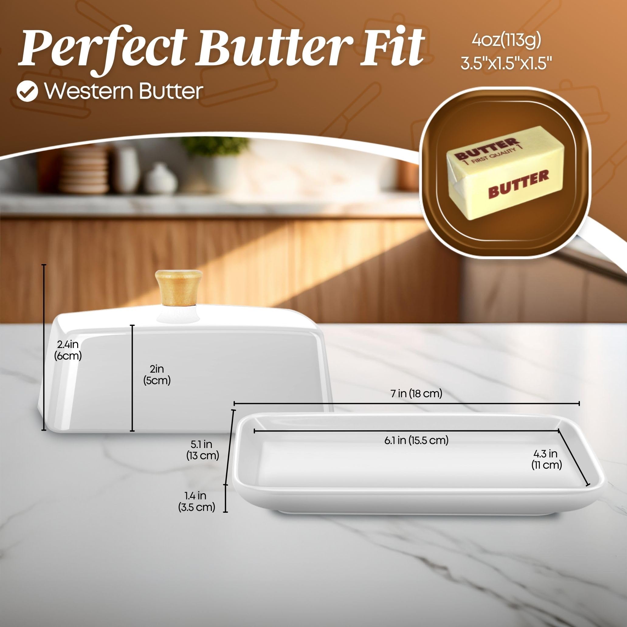 Flexzion Ceramic White European Butter Dish with Lid for Countertop (Large) - Wide 2 Stick Double Butter Holder for Counter, Cream Cheese Container Storage Keeper