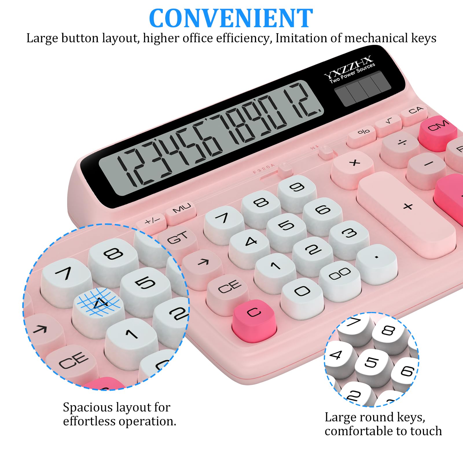 Desktop Calculator with Extra Large 5-Inch LCD Display, 12-Digit Two Way Power Solar & Battery Office Calculator with Big Buttons for Business, Accounting & Home Use(Pink)