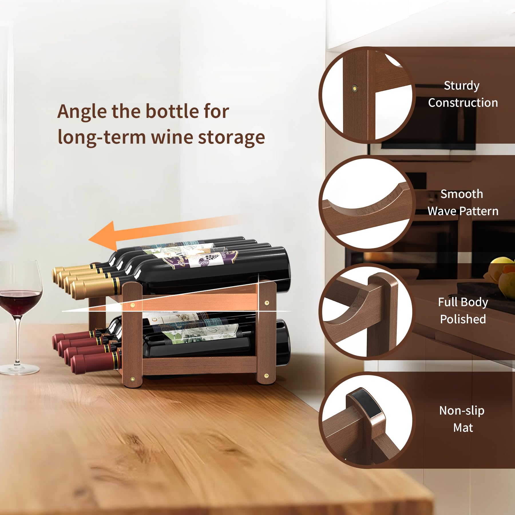 CAMOAT Wine Rack | 2-Tier Bamboo Wine Rack Organizer | Freestanding Floor & Countertop Wine Holder for 8 Bottles | Sturdy Wine Shelf | Perfect for Kitchen,Cabinets,Home Bar,Wine Storage (1, 2-Tiers)