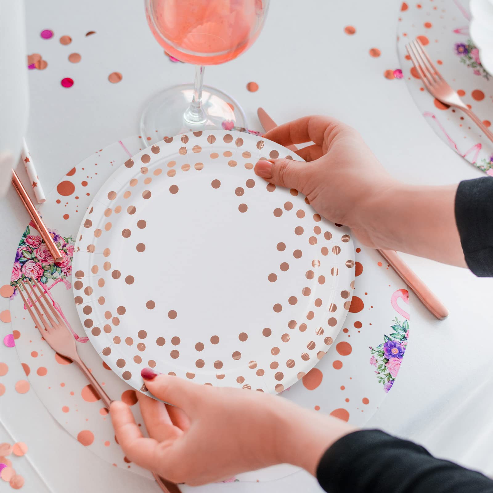 MATICAN 100-Pack Disposable Paper Plates, 9-Inch White & Rose Gold with Foil Polka Dots