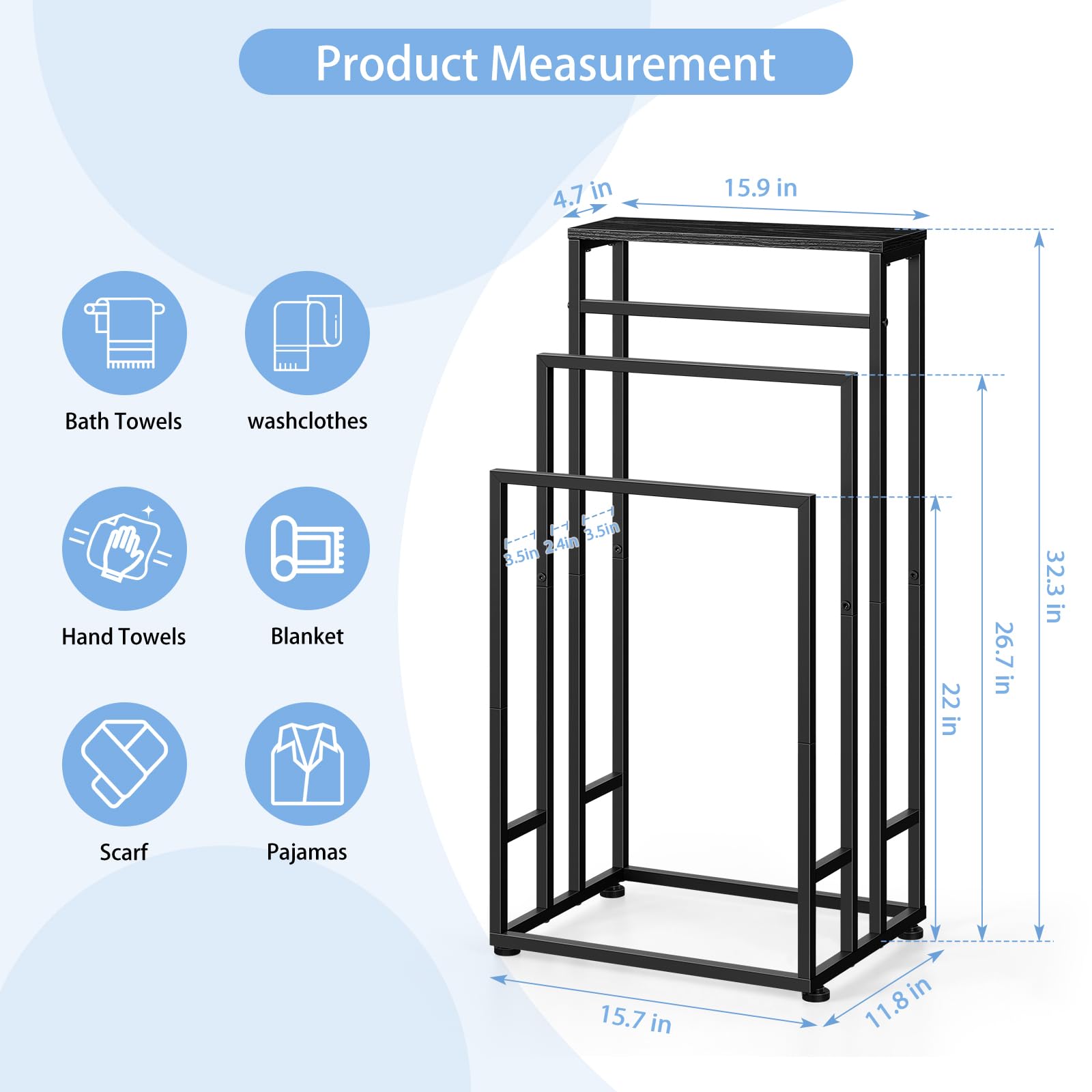 Freestanding Towel Rack 3 Tier Towel Drying Rack for Bathroom Standing Hand Towel Holder Black Towel Rack Stand with Storage Shelf for College Dorm Pool Side (Black)