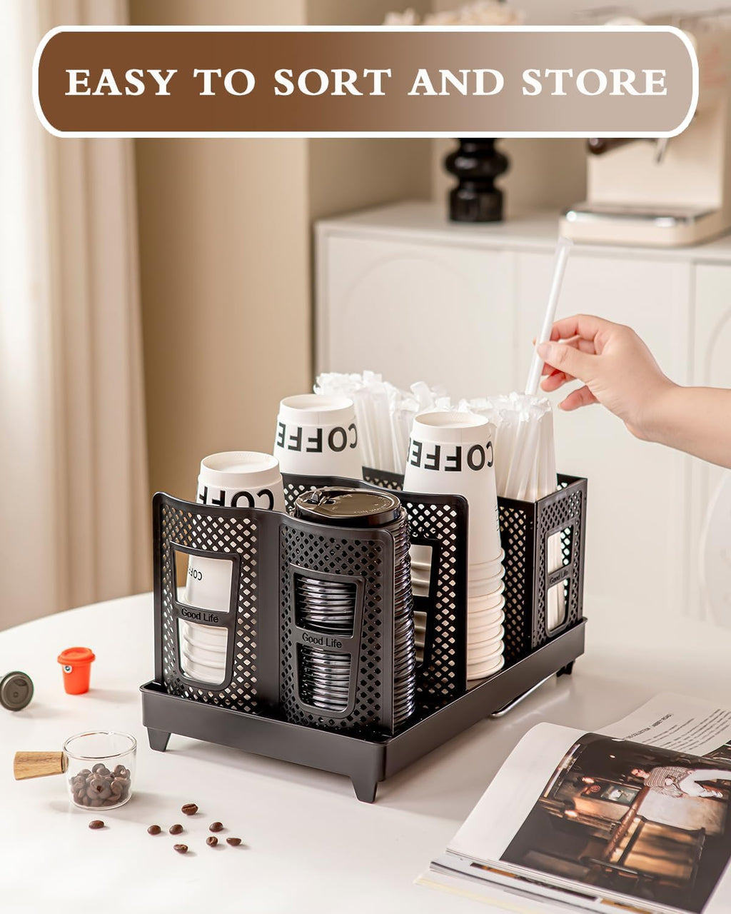 YTJHOME Disposable Coffee Cup Holder Lid Dispenser 2 IN1 Paper Cup and Lid Holder with Straw Organizer Adjustable Paper Cup Holder for Countertop Coffee Station Bar Restaurant Breakroom Kitchen Office
