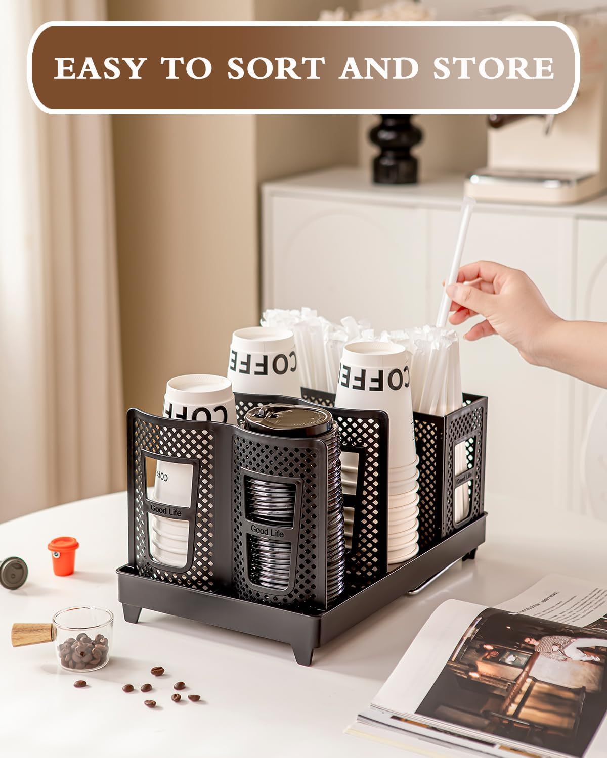 YTJHOME Disposable Coffee Cup Holder Lid Dispenser 2 IN1 Paper Cup and Lid Holder with Straw Organizer Adjustable Paper Cup Holder for Countertop Coffee Station Bar Restaurant Breakroom Kitchen Office