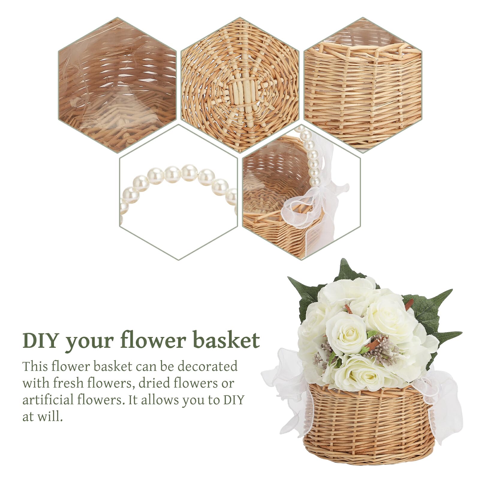 Wicker Rattan Flower Girl Basket Set of 2 Rustic Wedding Flower Girl Basket with Pearl Handle Small Flower Basket for Flower Girl Fairy Wedding Basket Handwoven Easter Baskets for Boys Girls Wedding