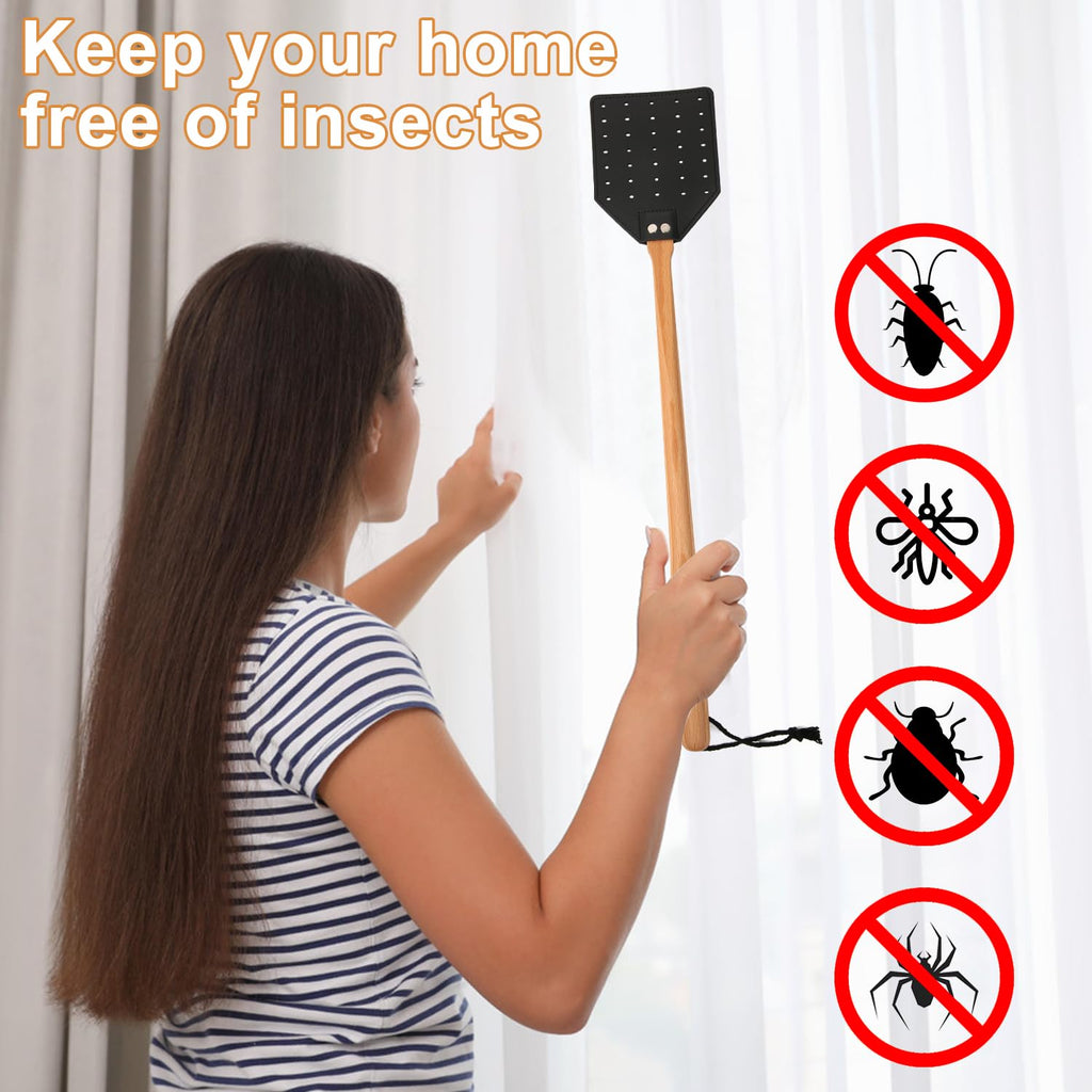 KINBOM 2pcs Leather Fly Swatter, Manual Heavy Duty Flyswatter with Long Wood Handle and Hanging Rope Durable Fly Swatter Catcher Wasp Swatter for Indoor Outdoor Home Fly