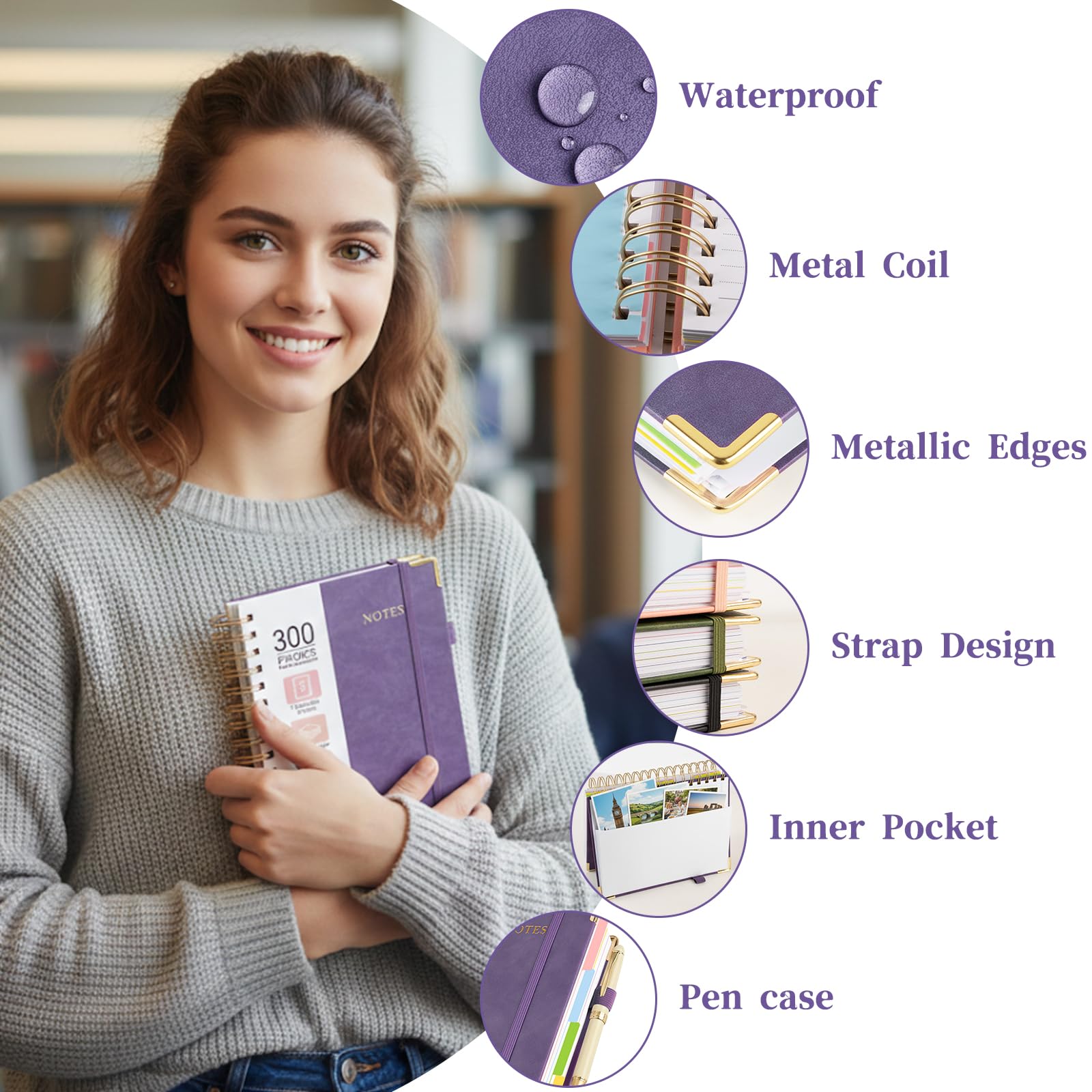 Lined Spiral Journal Notebook, 300 Numbered Pages A5 Size 5 Subject Notebooks College Ruled with Tabs and Removable Dividers, 100GSM Thick Spiral Ruled Lined Writing Journal, Hardcover Leather Notebook for Work, School (Purple)