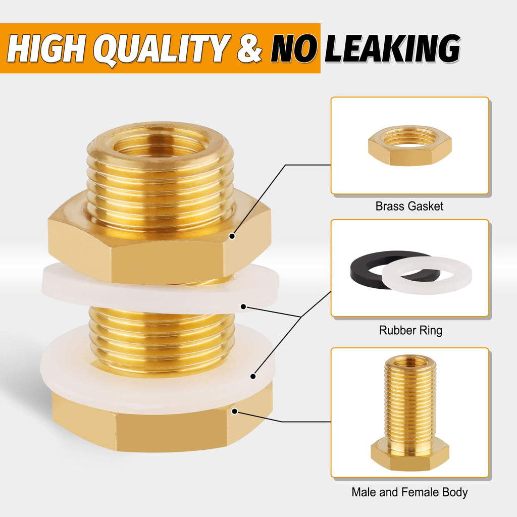 KOOTNAS 2-Pack Solid Brass Bulkhead Fittings, 1/4 NPT Taper Female 3/4" Straight Male Thread Brass Water Tank Connector with 4 Rubber Rings 4 Silicone Rings, for Tank Body, Wooden Barrels