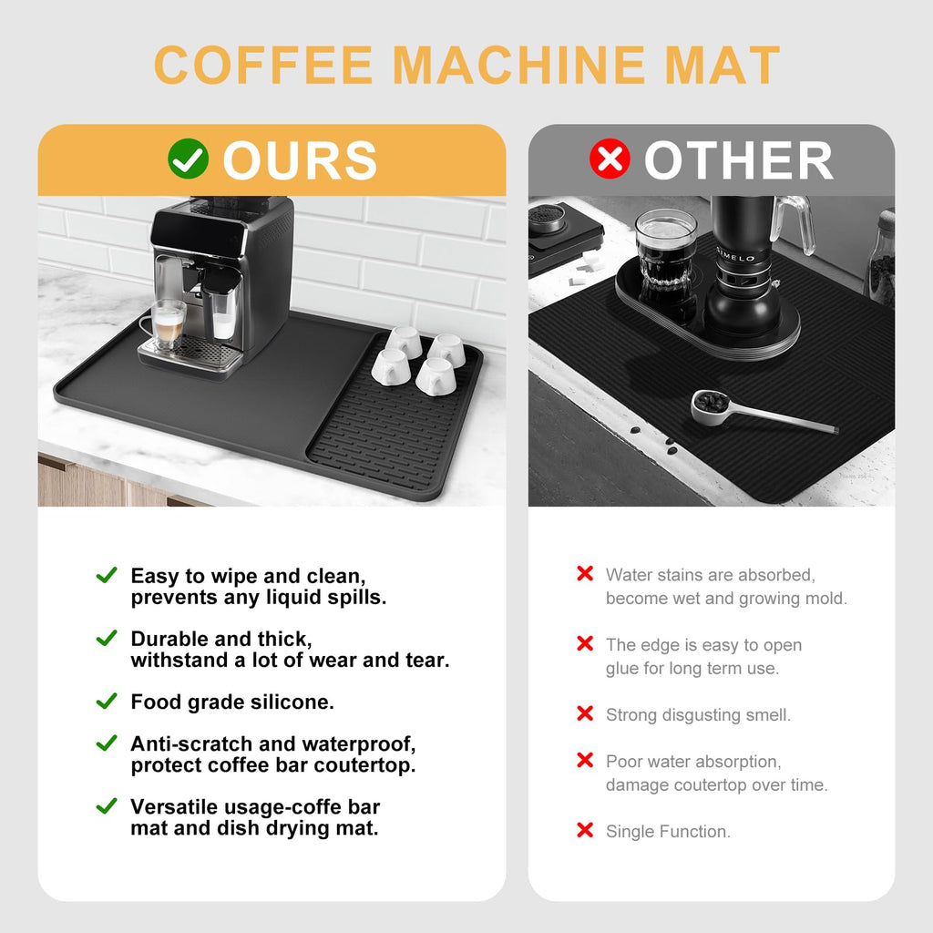 Silicone Coffee Mat,24''x16'' Coffee Bar Mat with Detachable Dish Drying Mat for Kitchen Countertops,Coffee Bar Accessories Fit Under Coffee Maker Coffee Machine Coffee Pot Espresso Machine Dish Rack