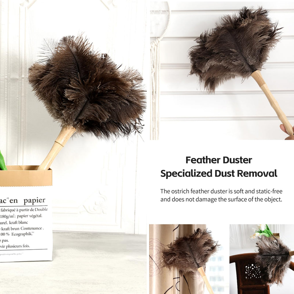 iHUFeather Ostrich Feather Duster 16 inch Feather Duster Fluffy Natural Genuine Ostrich Feathers with Wooden Handle and Eco-Friendly Reusable Handheld Ostrich Feather Duster for Cleaning Supplies