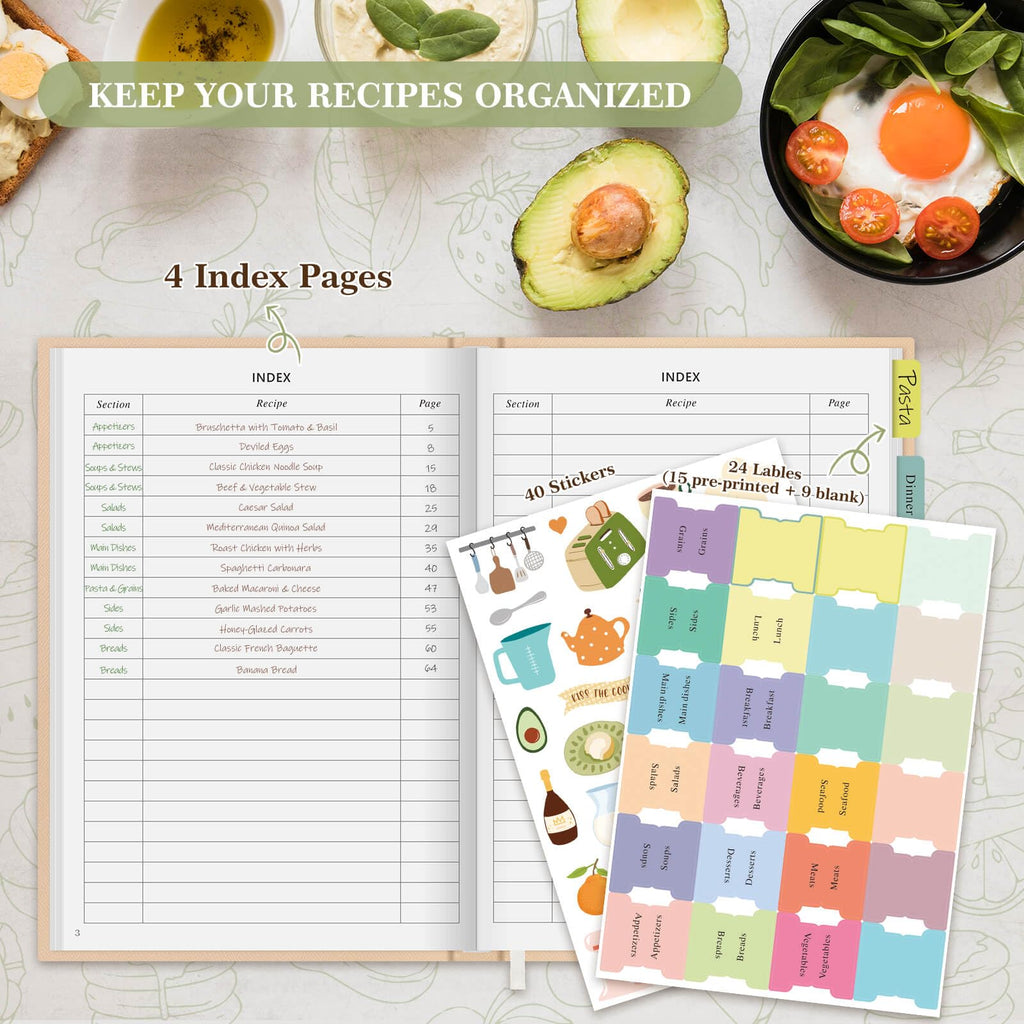 Lanpn Blank Recipe Book Cookbook to Write in Your Own Recipes, Waterproof A5 Empty Cooking Journal for 70 Recipes, Leather Cover Recipe Notebook with Stickers to Organize Your Family Recipes, Green