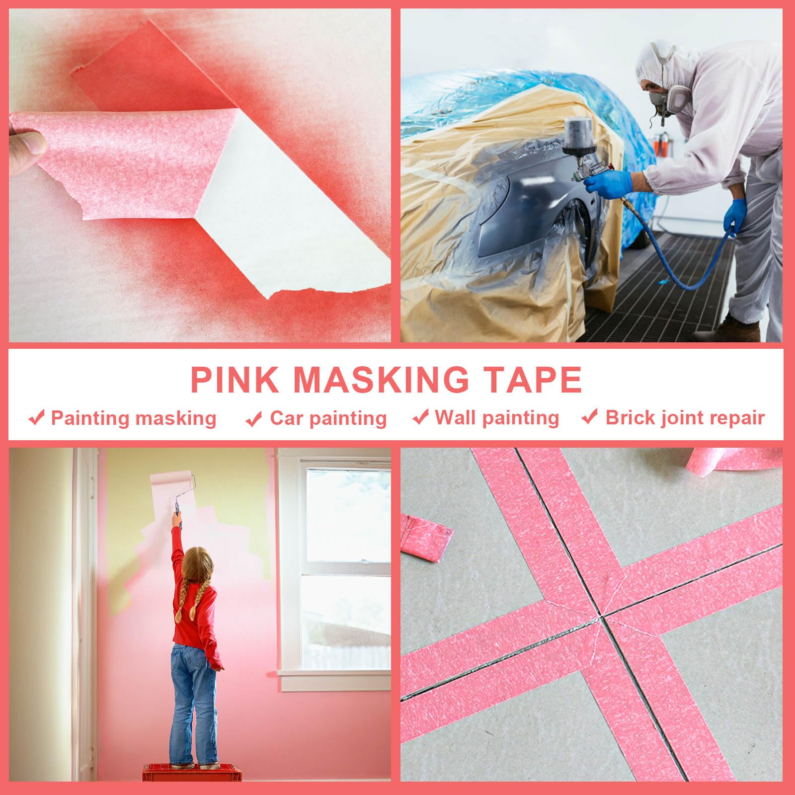 BOMEI PACK 5Rolls Pink Masking Tape 36mm x 55yds, General Purpose Thin Pink Painters Tape for Painting, Labeling, DIY Crafting, Decoration and School Projects, Total 275yds