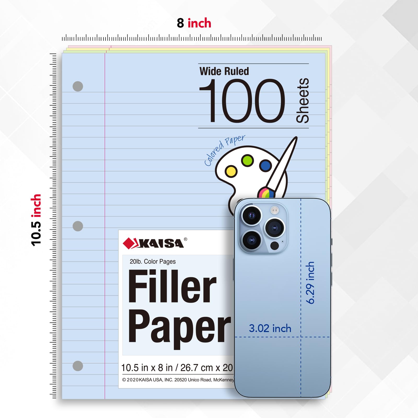 Kaisa Filler Paper Colored Loose Leaf Paper, Wide Ruled, 8x10.5in Colored and 3-Hole Punched for 3-Ring Binders, 100Sheets/Pack, 4-Pack, FC10001W