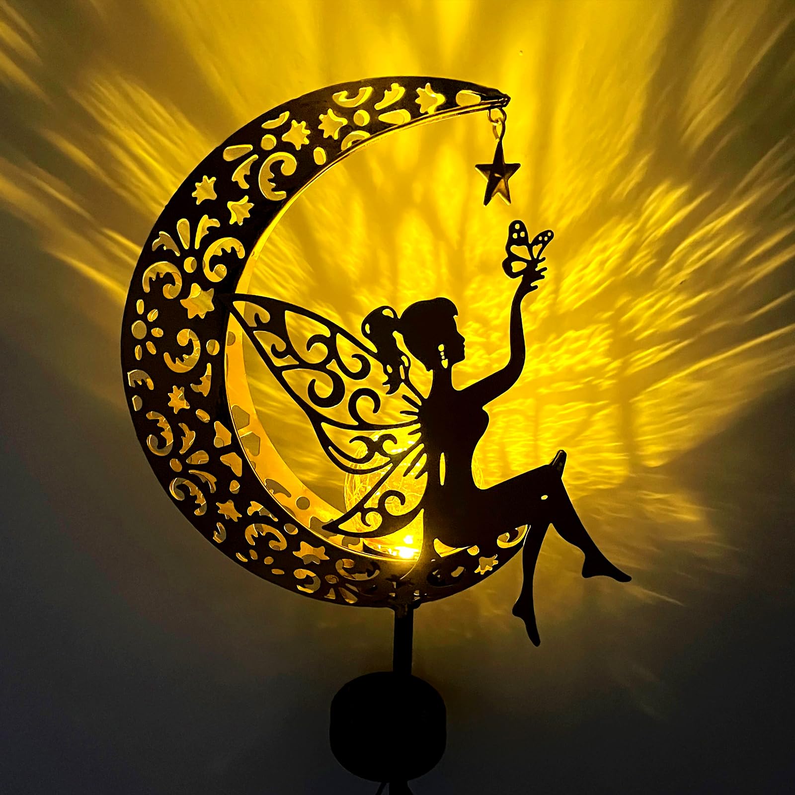 Fohil Solar Garden Lights Outdoor, Metal Fairy Moon Glass Globe Pathway Stake Solar Light Decor, Waterproof Solar Decorative Lights for Garden, Walkway, Yard, Lawn, Patio, Courtyard