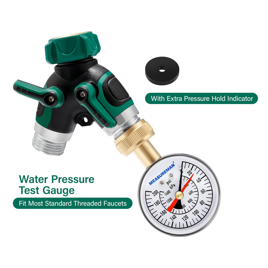 MEASUREMAN 2-1/2" Dial Water Pressure Test Gauge,0-200psi/kpa, 3/4" Female Garden Hose Thread, with Memory Red Pointer, for Measuring Water Pressure
