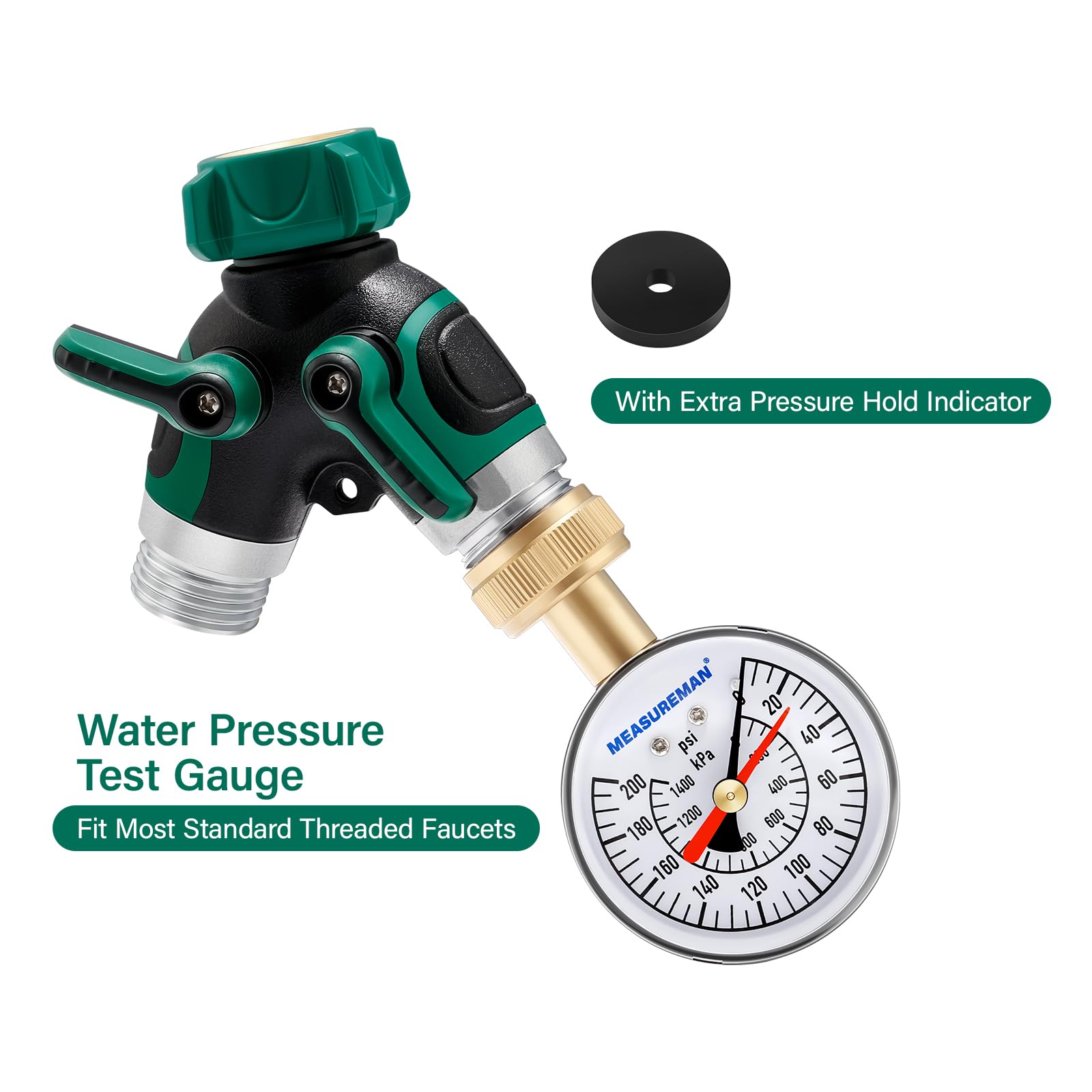 MEASUREMAN 2-1/2" Dial Water Pressure Test Gauge,0-200psi/kpa, 3/4" Female Garden Hose Thread, with Memory Red Pointer, for Measuring Water Pressure