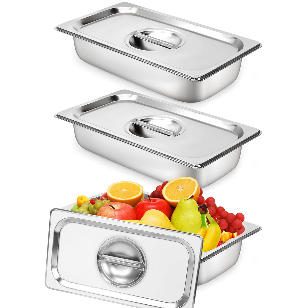 Breading Bowls Set of 3 GN 1/3 Containers, 13 x 7 x 2.5 Inch Breading Set for Chops, Gastronorm Containers Stainless Steel with Lid, Cutlets Meat Fish - Metal Breading Road Rectangular