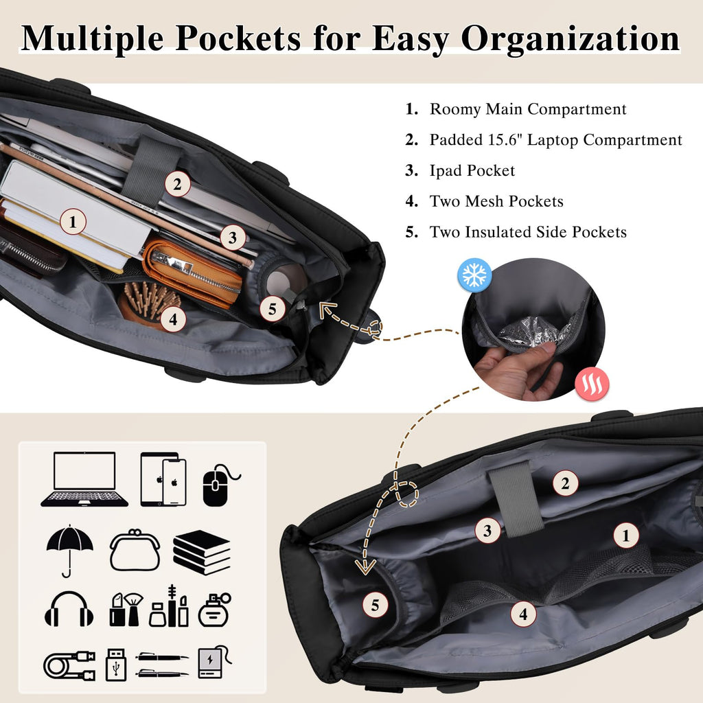 RAINSMORE Teacher Puffer Tote Bag for Women 15.6 inch Laptop Bag Waterproof Nurse Bag with Insulated Pocket for Work College