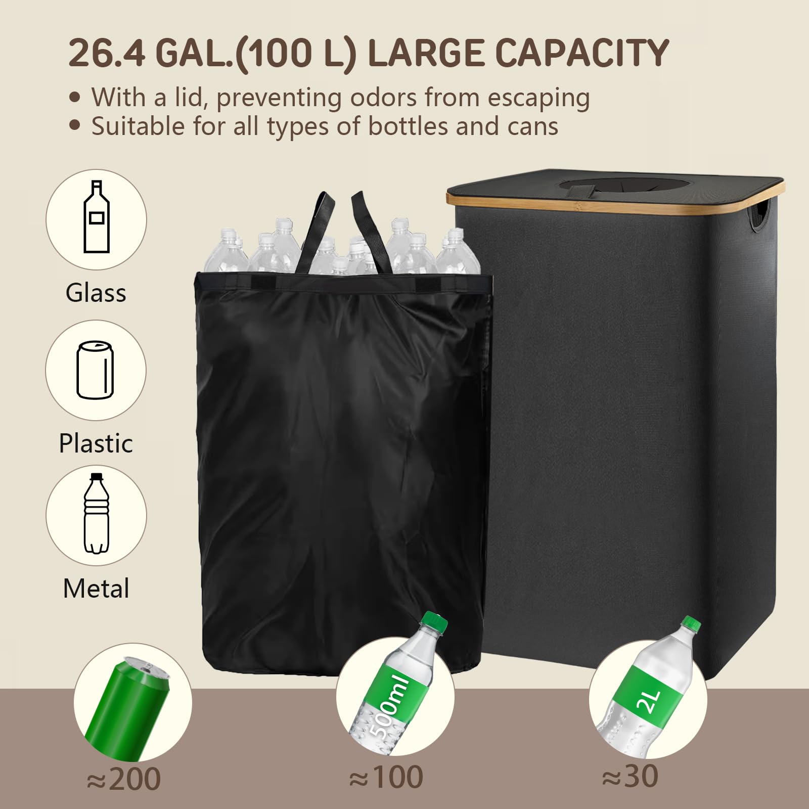 Recycling Bin for Kitchen Large 27 Gallon 103L Bin with 2 Removable Reusable Inner Bag,Large Indoor Home Recycling Bin for Bottle Can Glass Waste Plastics
