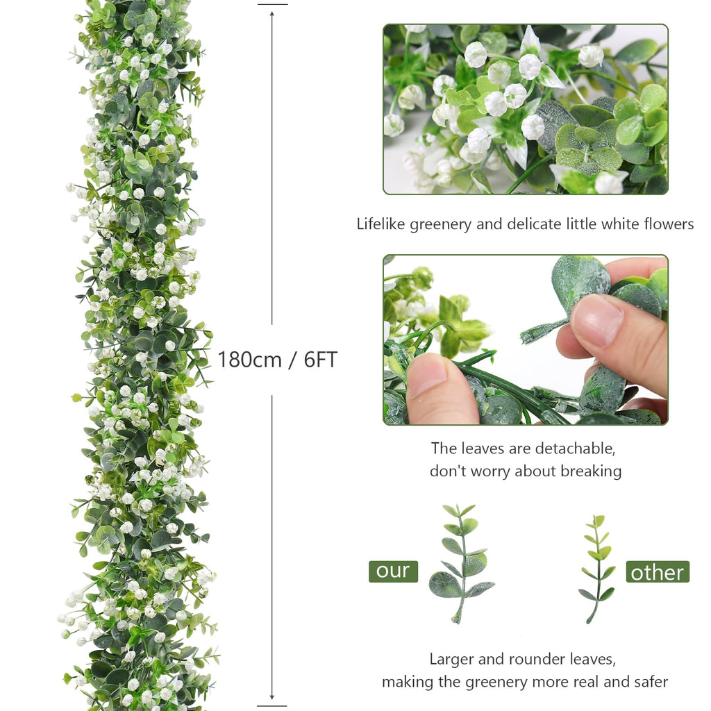 SOMYTING Artificial Eucalyptus Garland with White Flowers Artificial Greenery Garlands Fake Hanging Flower Garland Plant Artificial Vines for Wedding Backdrop Arch Wall Table Decor (4)