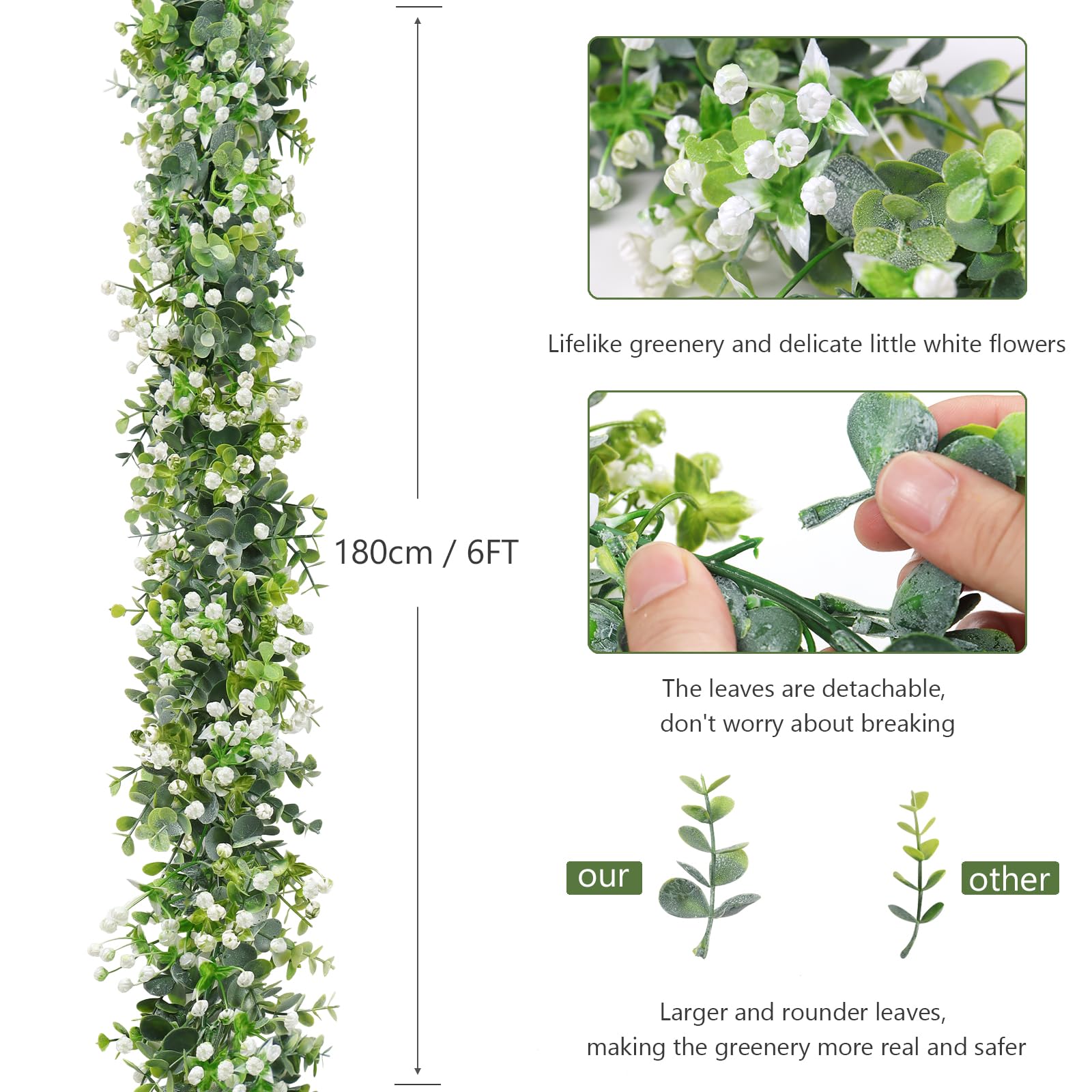 SOMYTING Artificial Eucalyptus Garland with White Flowers Artificial Greenery Garlands Fake Hanging Flower Garland Plant Artificial Vines for Wedding Backdrop Arch Wall Table Decor (4)