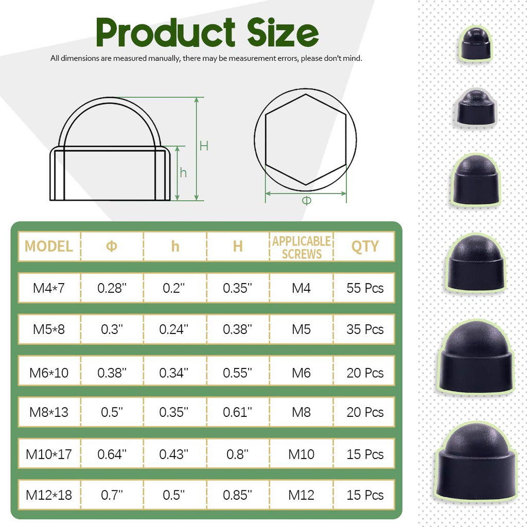 Keadic 160Pcs Bolt Covers Screw Caps Hex Head Black Plastic Dome Bolt Nut Protection Cap Covers, M4 M5 M6 M8 M10 M12