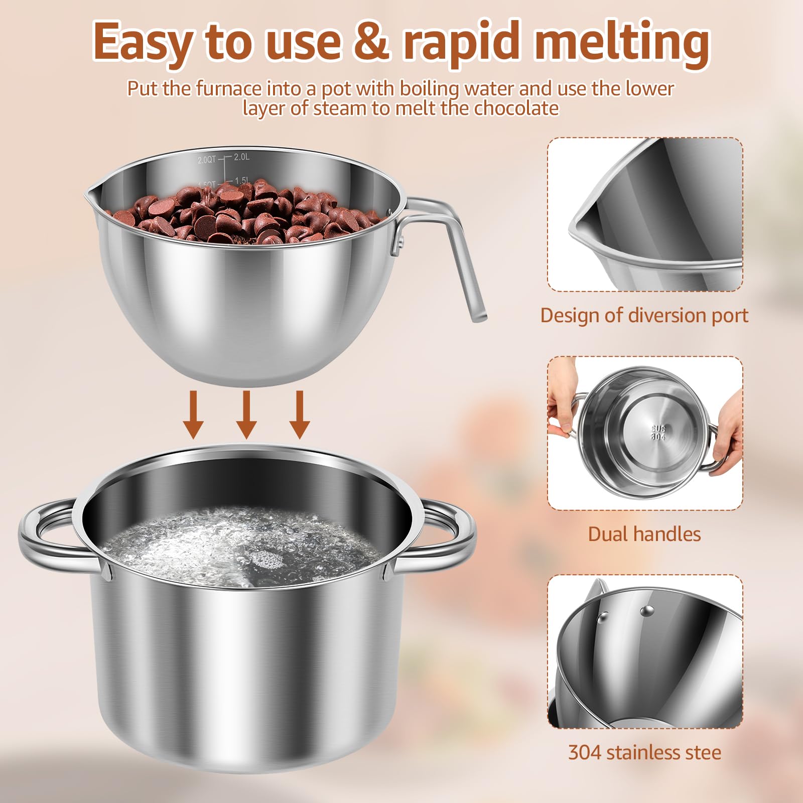 304 Stainless Steel Double Boiler Pot Set 2QT Chocolate Melting Bowl with Scale and Handle 2.6QT Dual-Handle Pot with Silicone Spatula and Spoon Stackable for Butter Chocolate Wax Sugar (A)