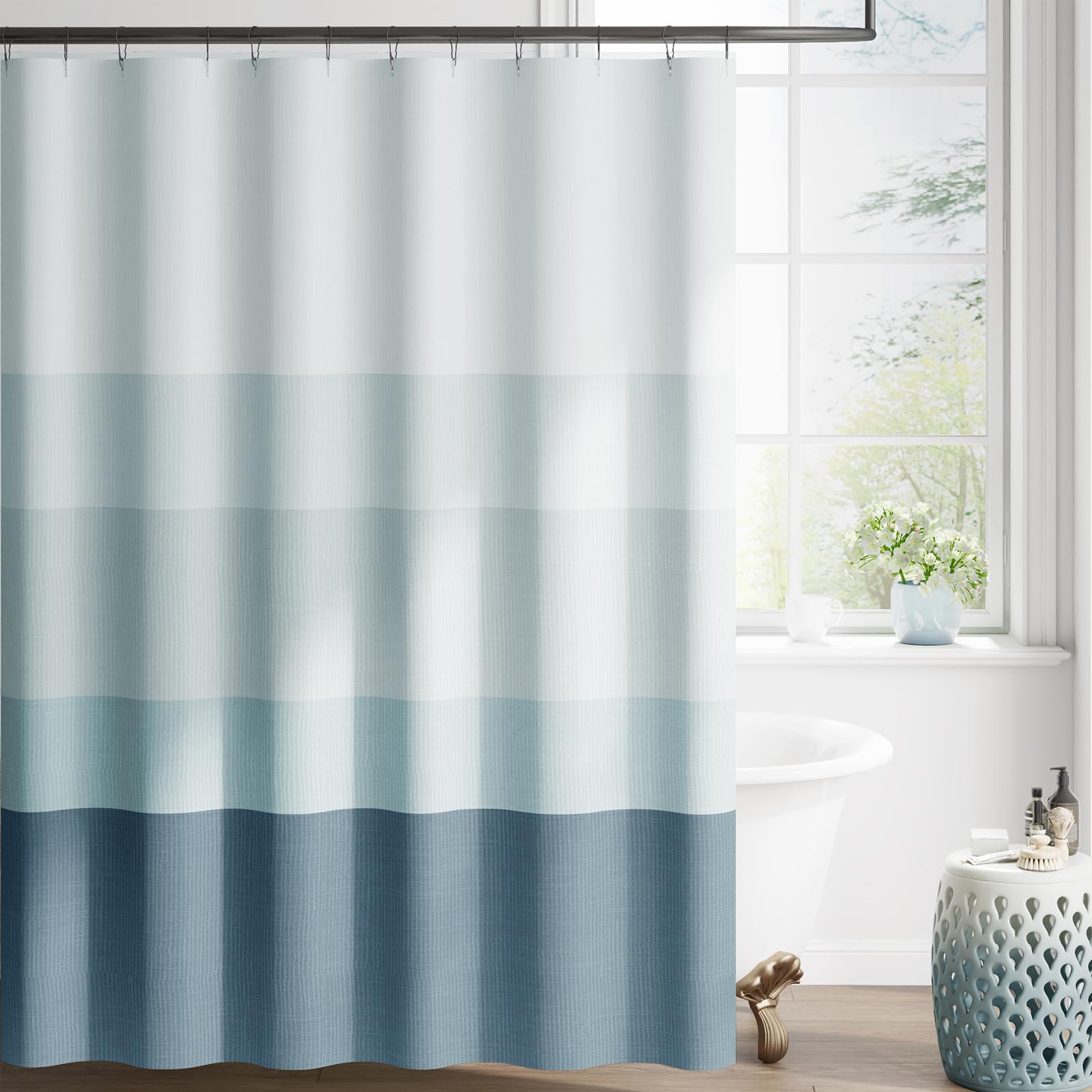 jinchan Ombre Ocean Blue Striped Shower Curtain Waterproof Fabric Shower Curtains for Bathroom Gradual Color Minimalist Design Modern Neutral Luxury with 12 Hooks 70x72 Inches