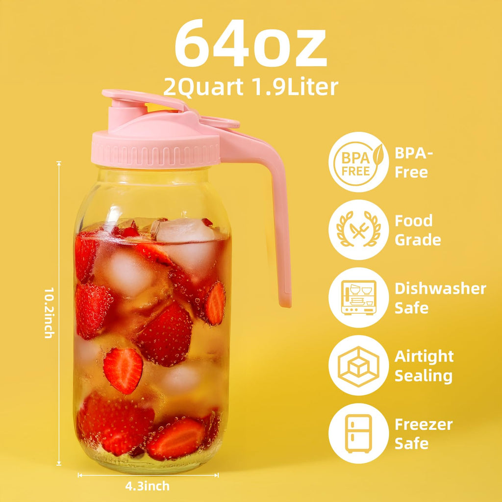 AsstarJTK 2 Pack Glass Mason Jar Pitcher - 64 oz/2 Quart Wide Mouth Jug with Lid and Pour Spout, Airtight Seal, Leak Proof Iced Tea Pitcher for Sun Tea, Juice, Breast Milk, Cold Beverages, Coffe