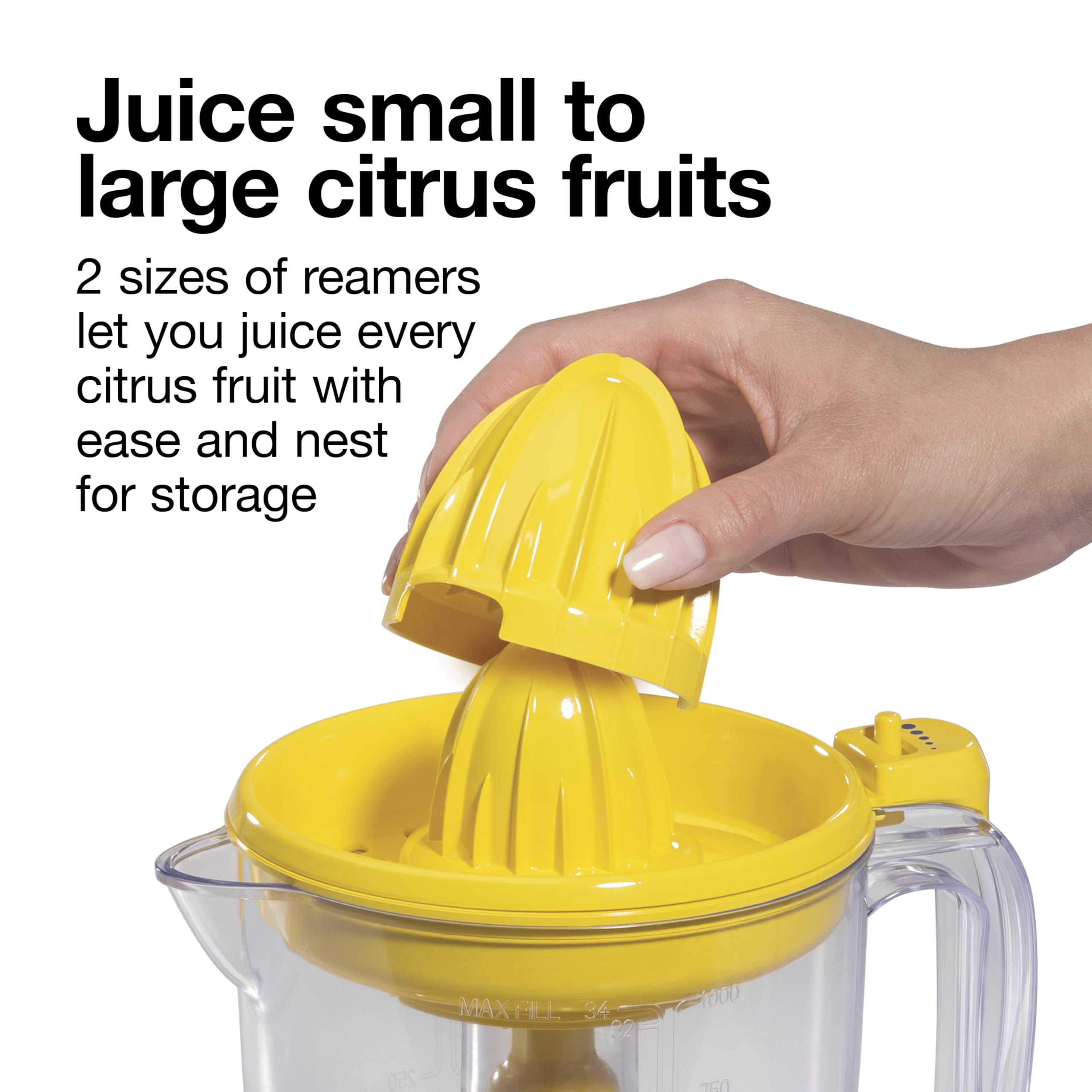Proctor Silex Alex's Lemonade Stand Electric Citrus Juicer Machine, 34 oz. Pitcher, Pressure Activated, for Lemons, Limes and Oranges, With Reamers, pulp strainer& Lid, 30 Watts, Yellow (66341)