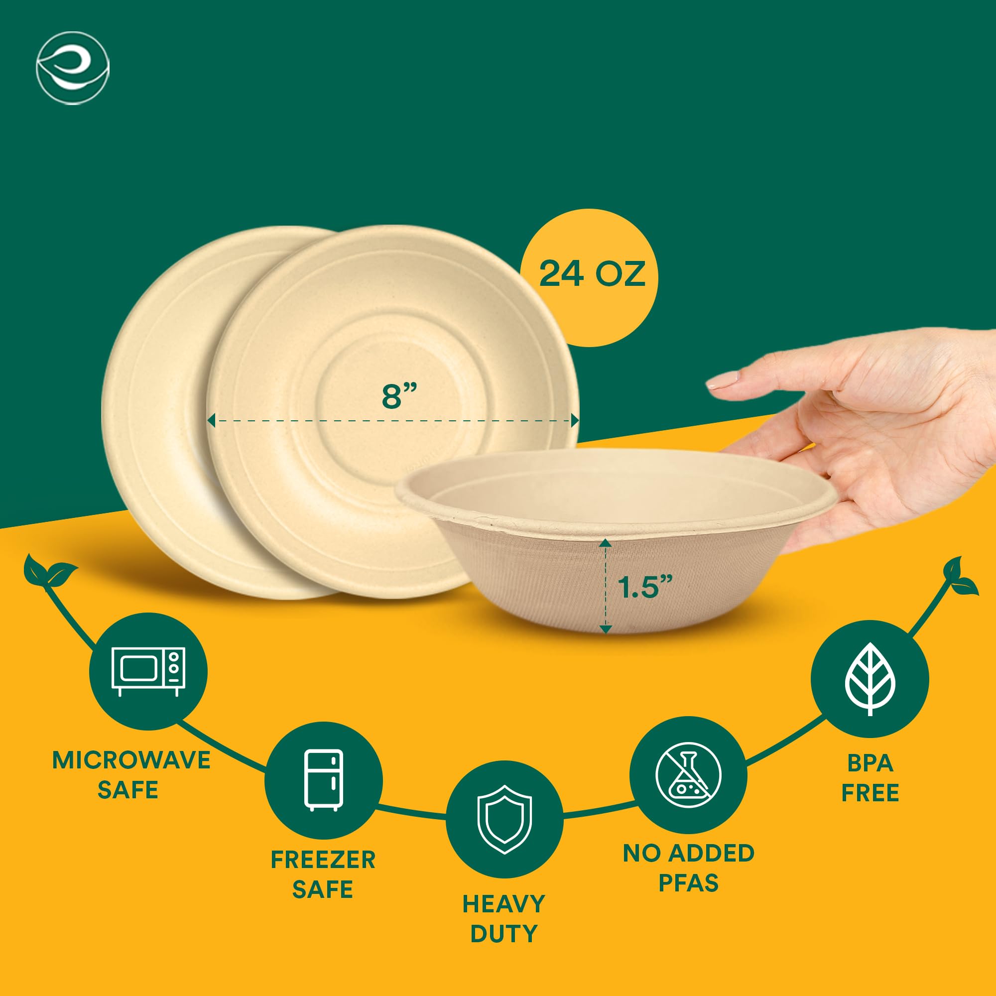 Eco Soul 24 Oz Compostable Disposable Paper Bowls [100 Pack] Food Safe Leak-Free 100% Virgin Bagasse Biodegradable Heavy Duty Ramen Soup Bowl for Hot & Cold Food Microwave Safe [Small, Round, Brown]