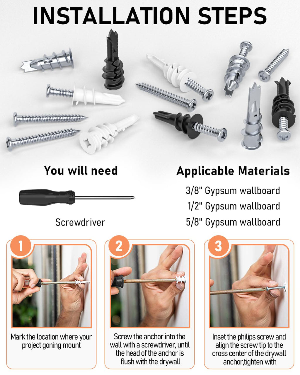INCLY 200PCS #8 Metal Self Drilling Drywall Anchors With Screws Kit, 100 Zinc Metal & Plastic Heavy Duty Dry Wall Anchors and 100 Philips Screws Assortment for Sheetrock Hanging and Mounting with Case