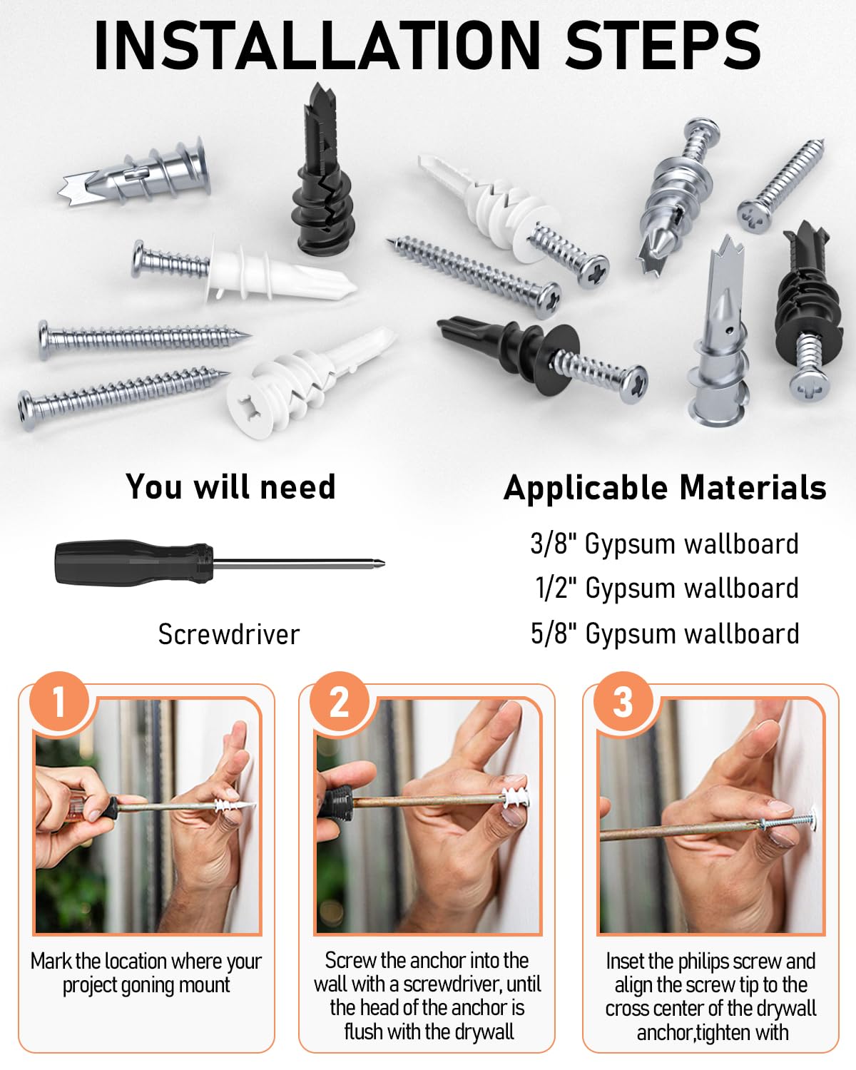 INCLY 200PCS #8 Metal Self Drilling Drywall Anchors With Screws Kit, 100 Zinc Metal & Plastic Heavy Duty Dry Wall Anchors and 100 Philips Screws Assortment for Sheetrock Hanging and Mounting with Case
