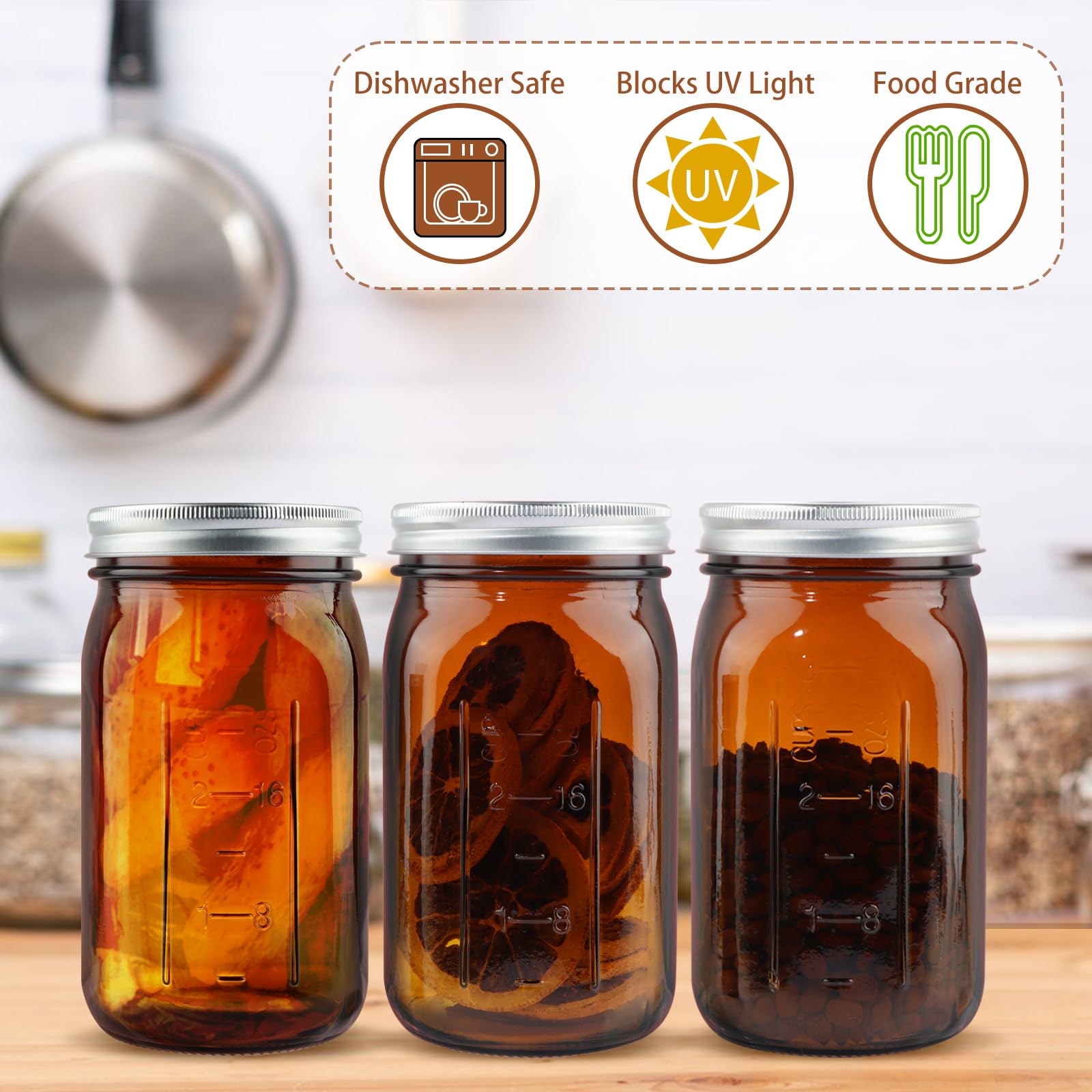 CARBLIN 6 Pack Mason Jars 32 oz, Amber Wide Mouth Canning With Airtight Lids, Glass Pint With Bands Labels Brush, Large Storage Quart for Jam Fermenting Preserving