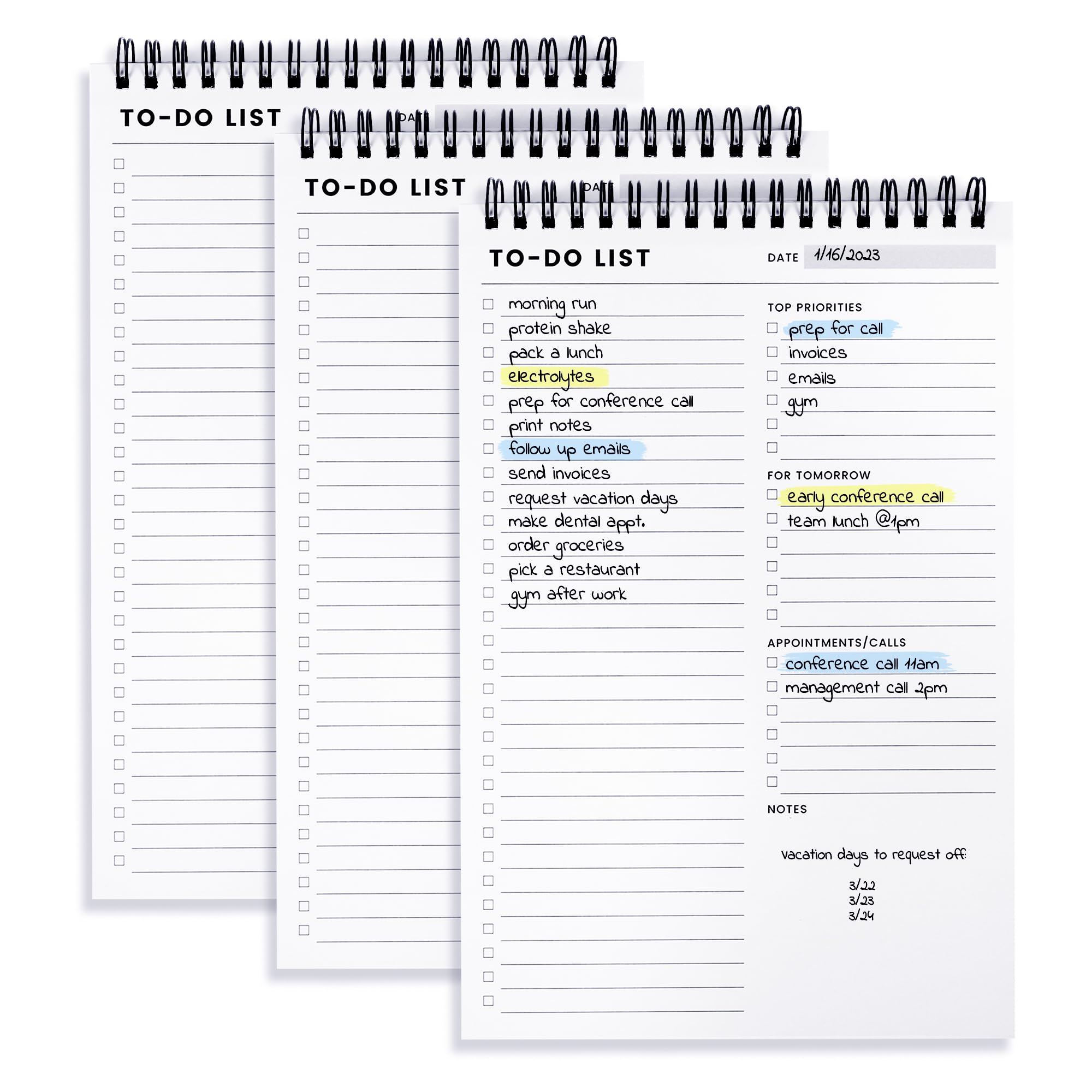 To Do List Notepad 3 Pack: Has Multiple Functional Sections - 6.5 x 9.8" 60 Sheets - Spiral Daily Planner Notebook - Task Checklist Organizer Agenda Pad for Work, Note and Todo Organization