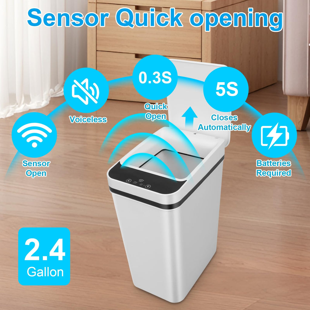 2Pack Bathroom Trash can,Smart Touchless Trash Can,Automatic Motion Sensor Compost Bin with Lid,2.4 Gallon Plastic PP Rubbish Can, Kitchen, Bathroom, Office, Bedroom Trash can (White+White)