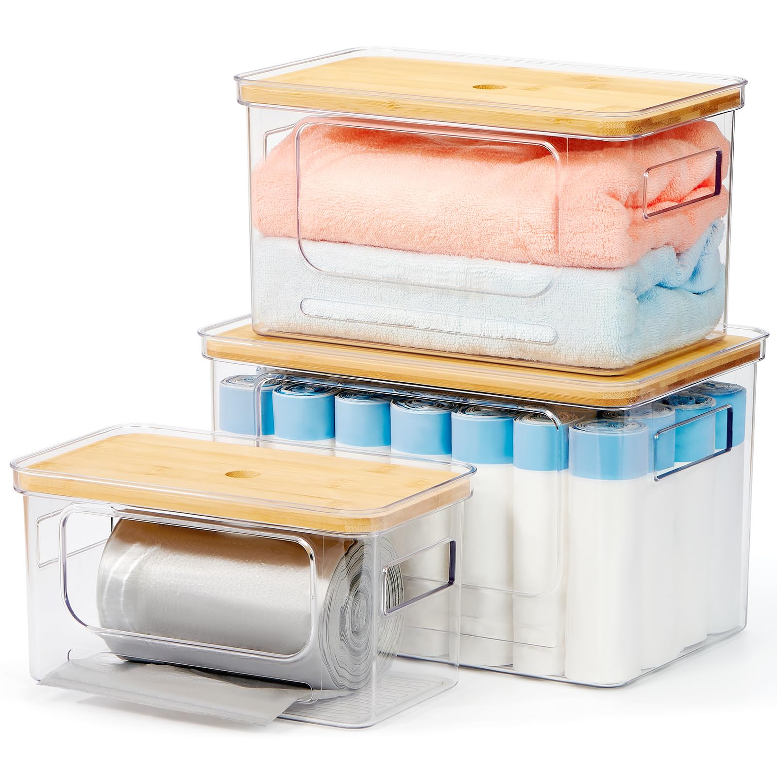 Kithero Trash Bag Holder 3-Pack,Trash Bag Dispenser with Bamboo Lid, Stackable Acrylic Garbage Bag Dispenser for Under Sink Use in Kitchen, Laundry Room, and Pantry, Large Capacity Garbage Bag Holder