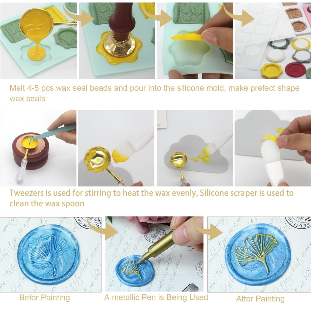 Wax Seal Kit with 24 Colors Wax Seal Beads 600pcs, Andotopee Tree of Life Wax Seal Stamp Kit with Electric Sealing Wax Warmer Set, Silicone Mold, Metallic Pen, 120 Removable Sticky Dots, Spoon Cleaner