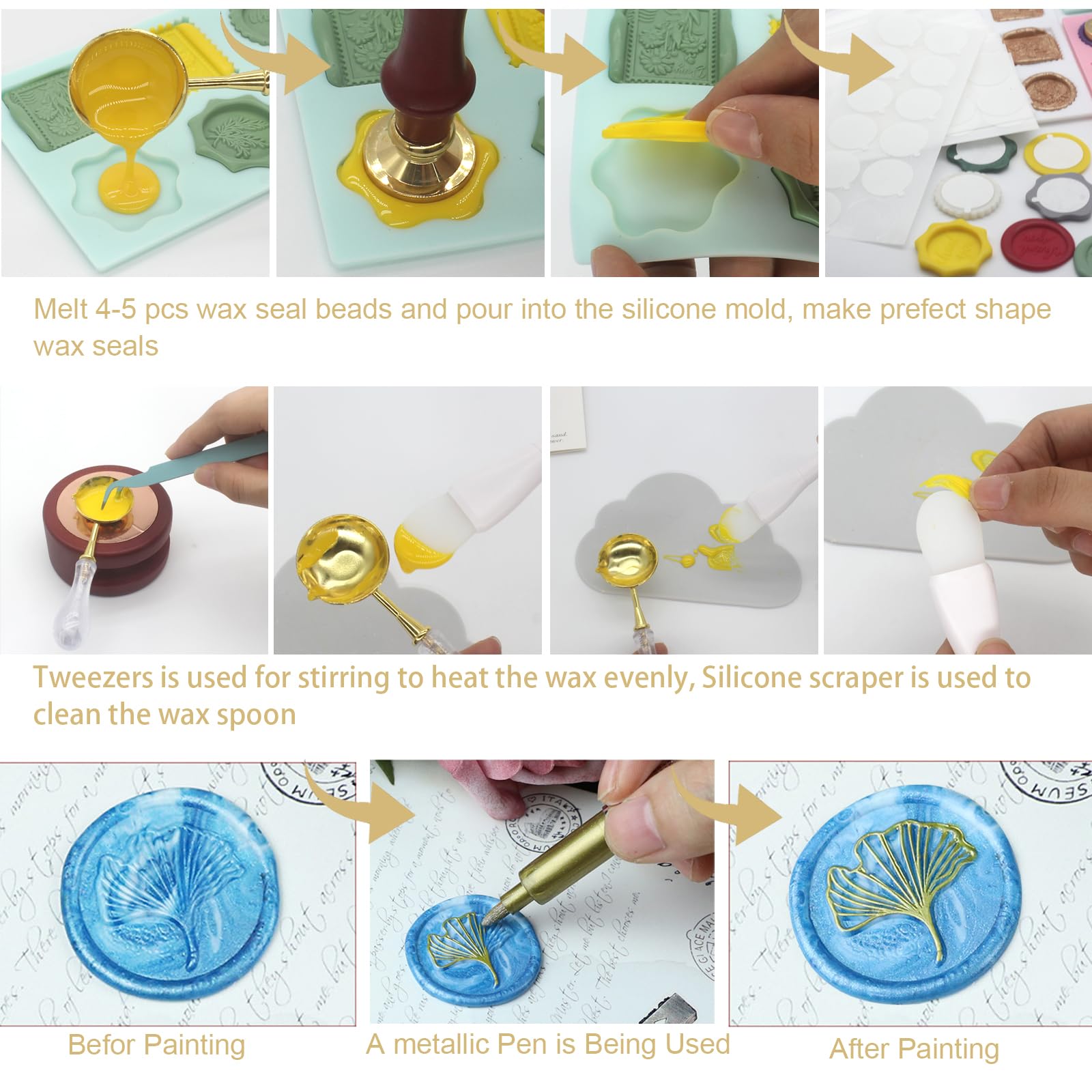 Wax Seal Kit with 24 Colors Wax Seal Beads 600pcs, Andotopee Tree of Life Wax Seal Stamp Kit with Electric Sealing Wax Warmer Set, Silicone Mold, Metallic Pen, 120 Removable Sticky Dots, Spoon Cleaner